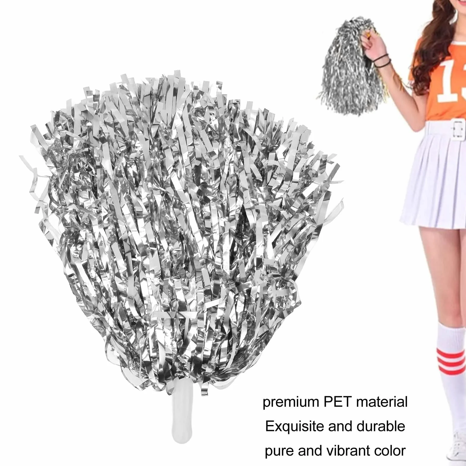 Wisecoco Pompones de Animadora, Lámina Metálica 3,3 Pulgadas con Asas, Plateado