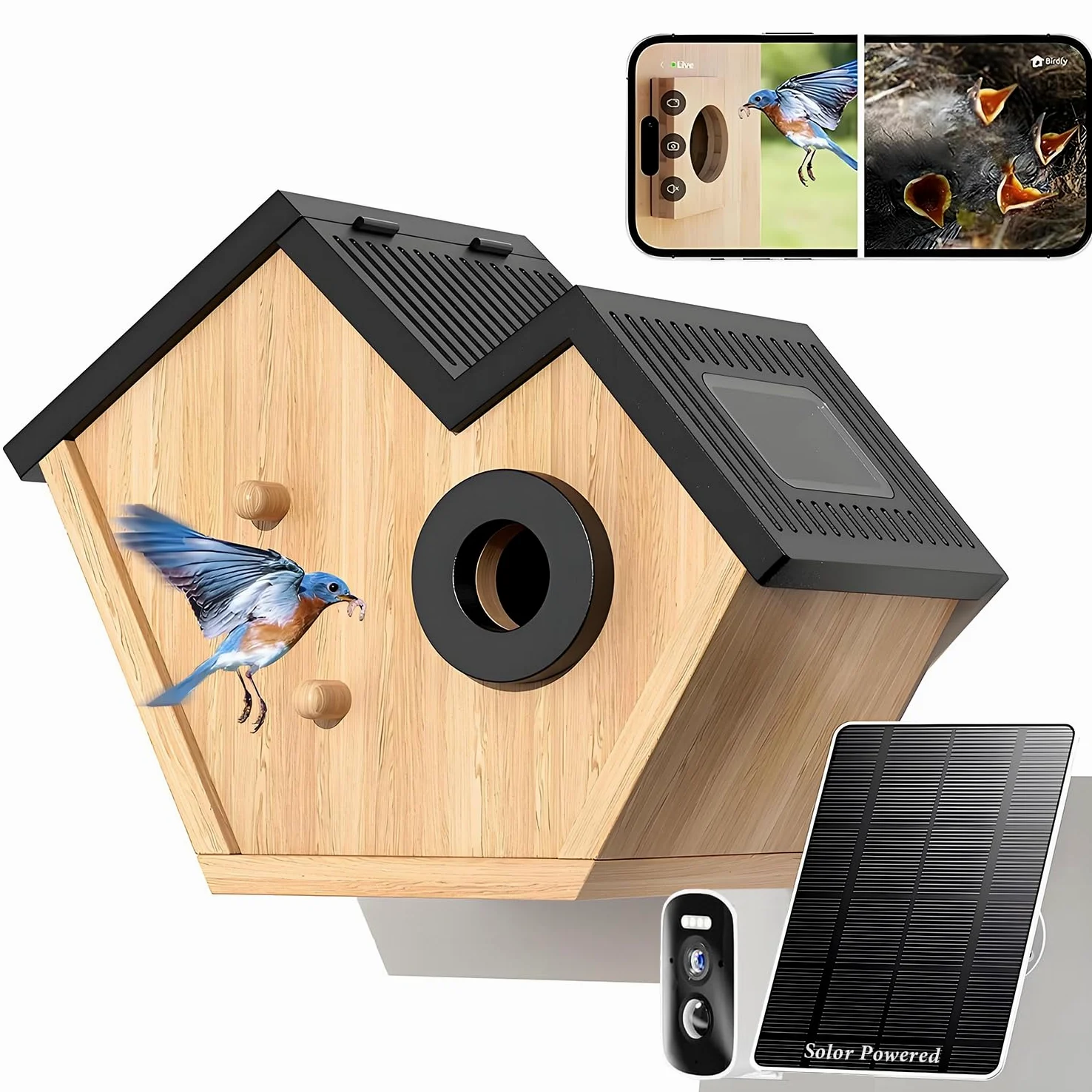 Caja nido con cámara HD alimentada por energía solar, Live Stream Al Detector de aves, observa la anidación y la eclosión, memoria en la nube y SD, entrada de 35 mm y protección IP65, idea de regalo