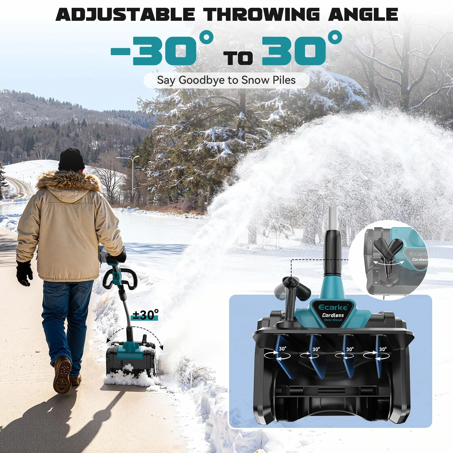 Ecarke Quitanieves con batería recargable compatible con batería Makita de 18 V, motor sin escobillas de 1000 W, altura de 20 cm, distancia de lanzamiento de 7 a 8 m, ancho de trabajo de 33,5 cm