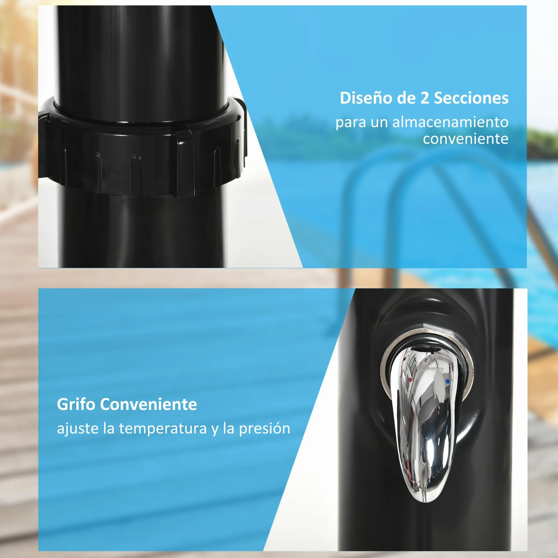 Outsunny Ducha Solar de Jardín 20L Ducha Exterior con Cabezal de Ducha Redondo Grifo Agua Caliente Máx. 60℃ y Ducha para Pies para Piscina Patio Playa 15,5x15,5x222 cm Negro