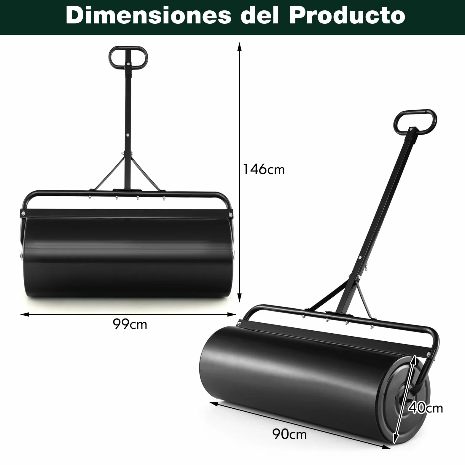 COSTWAY 113L Rodillo de Césped Metálico, Rodillo de Césped para Empujar o Tirar Llenado de Agua o Arena con Mango Desmontable para Jardín, Patio, Parque, Granja (Negro, 146x99x40cm)