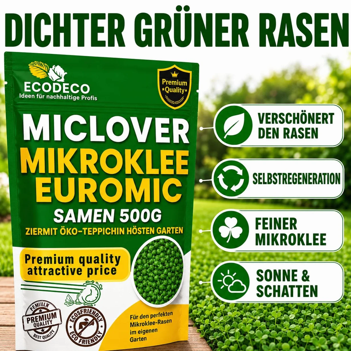 Semillas Cesped Trébol Enano 1kg (400m² Puro o 800m² con Césped) – Blanco Micro Trébol Tapizante Resistente para un Jardín Verde y Uniforme – Alternativa a Césped Natural