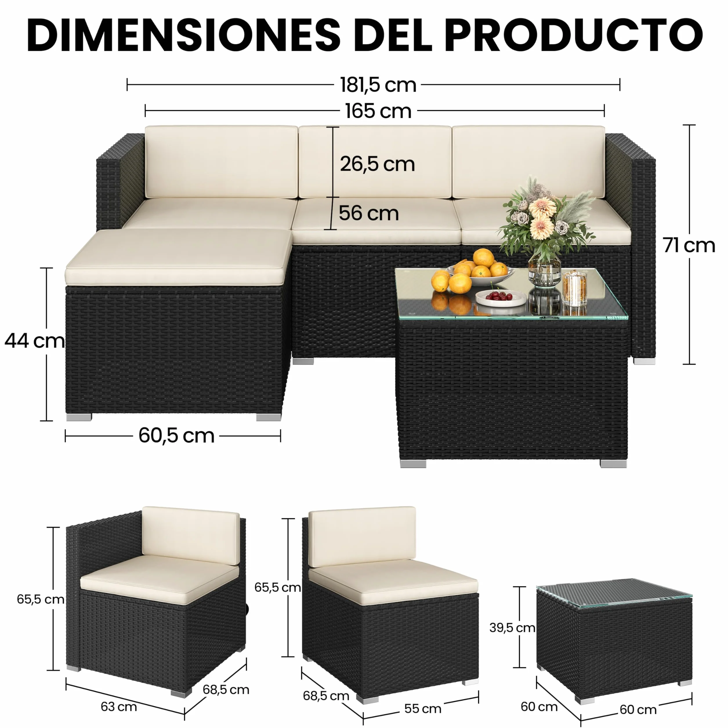 Yaheetech Conjunto de Muebles Ratán de Jardín 5 Piezas con Cojines, 3 Plazas Sofá 1 Taburete y 1 Mesa de Café de Cristal (Negro/Beige)