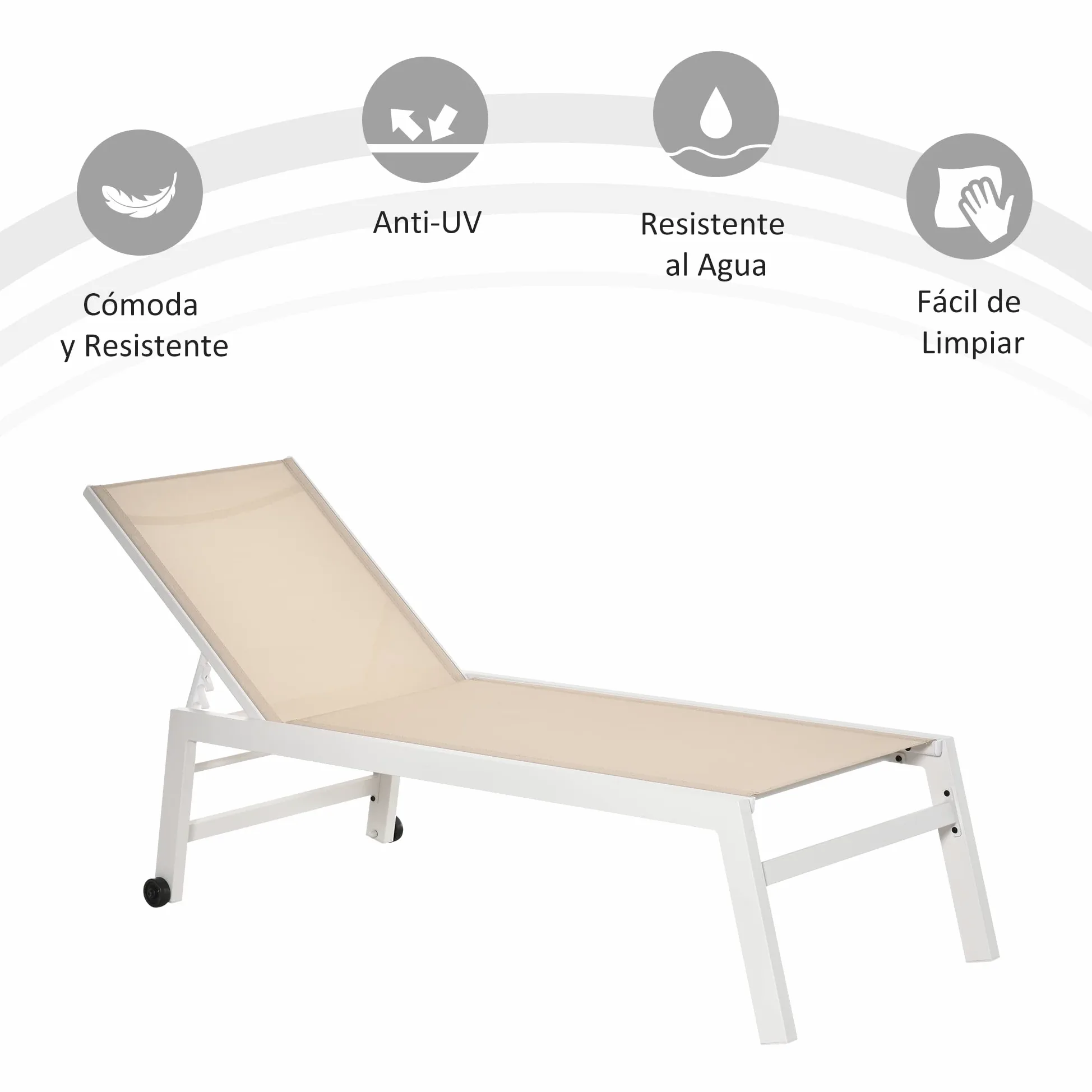 Outsunny Tumbona de Jardín de Aluminio Tumbona Exterior con Respaldo Reclinable en 5 Posiciones Ruedas Carga 120 kg para Patio Terraza 169x65x102 cm Caqui