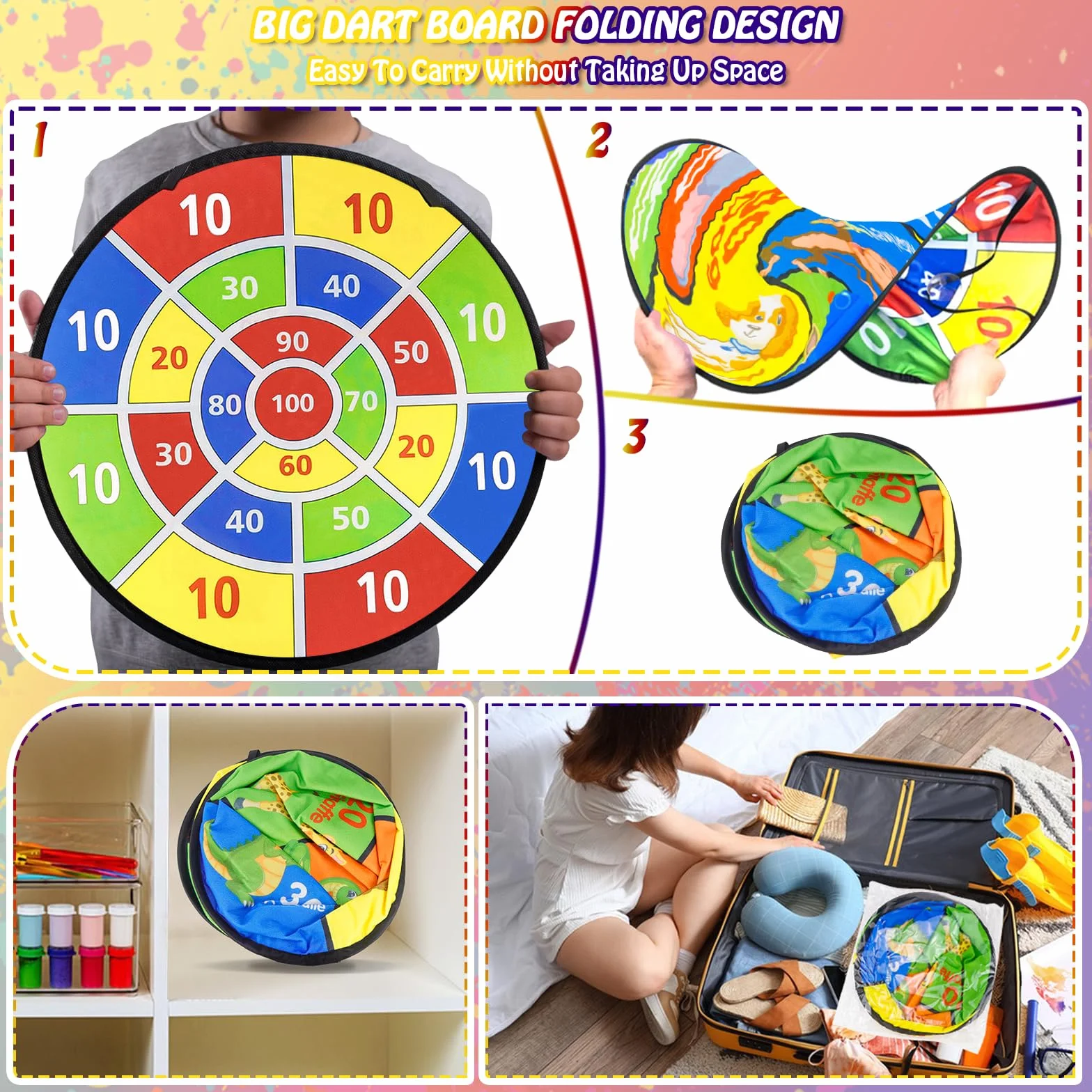 Tablero de Dardos de Doble Cara 72cm Juego de Dardos Seguro Plegable con 18 Bolas 12 Dardos