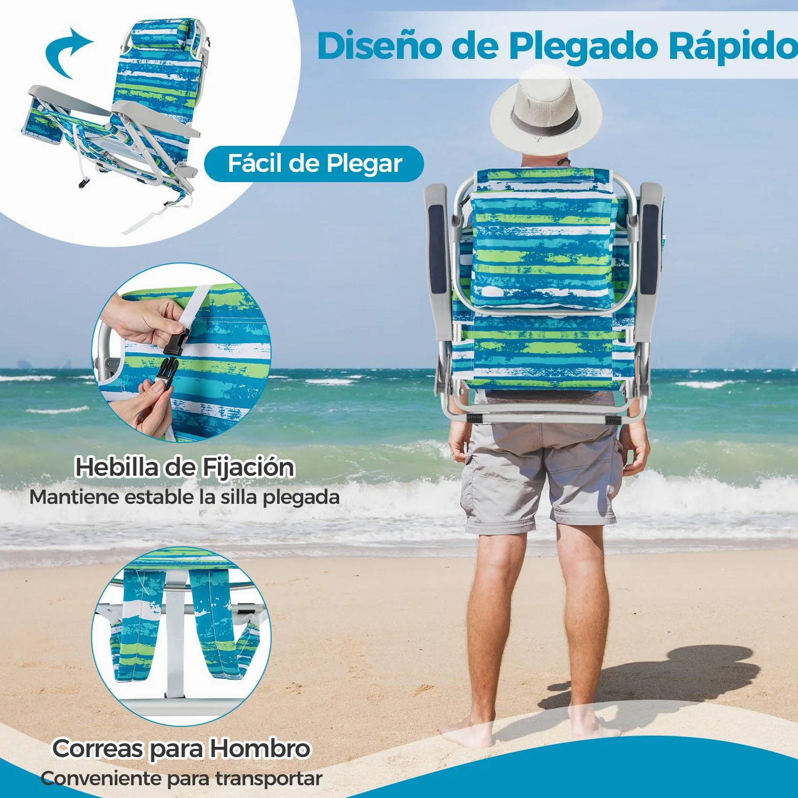 GOPLUS Silla Playa Plegable, Silla de Camping Ligera con Respaldo Ajustable en 5 Posiciones, Barra para Toallas, Portavasos, Almohada, Correas, Tumbona Exterior Reclinable, Carga 150 kg (Verde+Azul,2)
