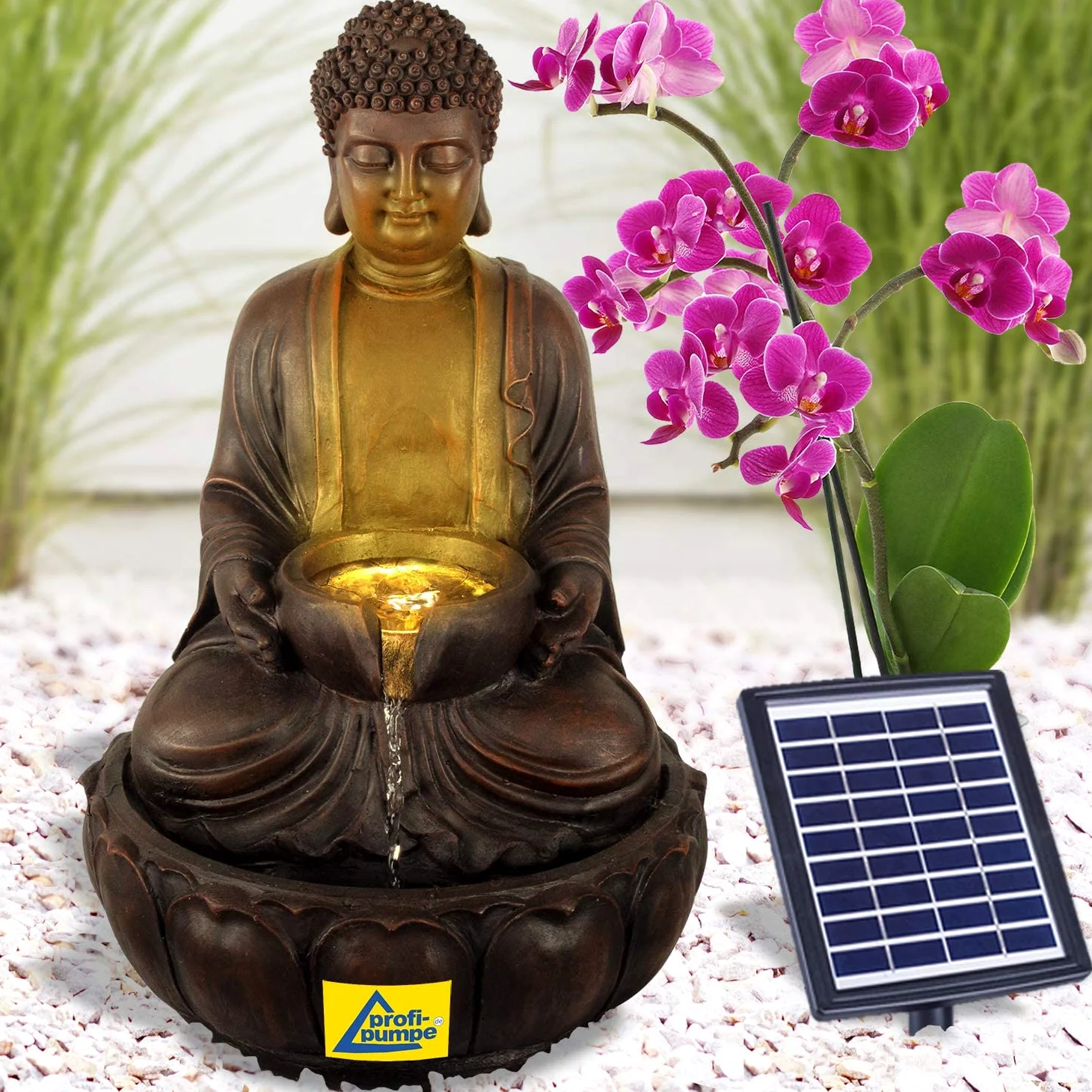 Fuente para Jardin Fuente de Tranquilidad Buda Fuente de Agua con iluminacion Solar para Jardin, terraza, Balcon Buda con Bomba, bateria de Iones de Litio y luz LED