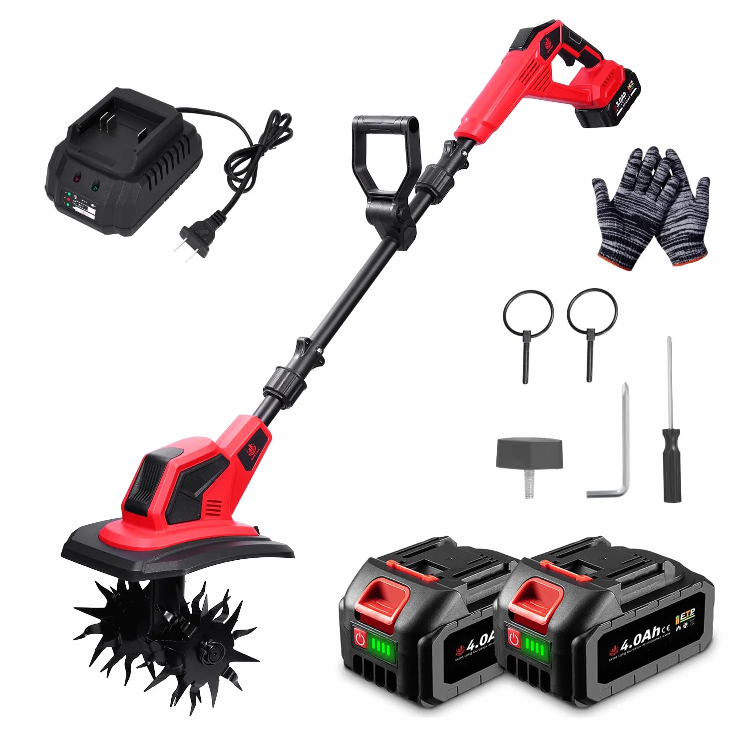 ONEVAN Motoazada Electrica, 500W Motoazada Bateria sin Escobillas, 23cm de Ancho de Trabajo, 16cm de Profundidad, Mango Ajustable, con 2 Baterías de 4.0 Ah, Ideal para Césped, Jardín y Suelo