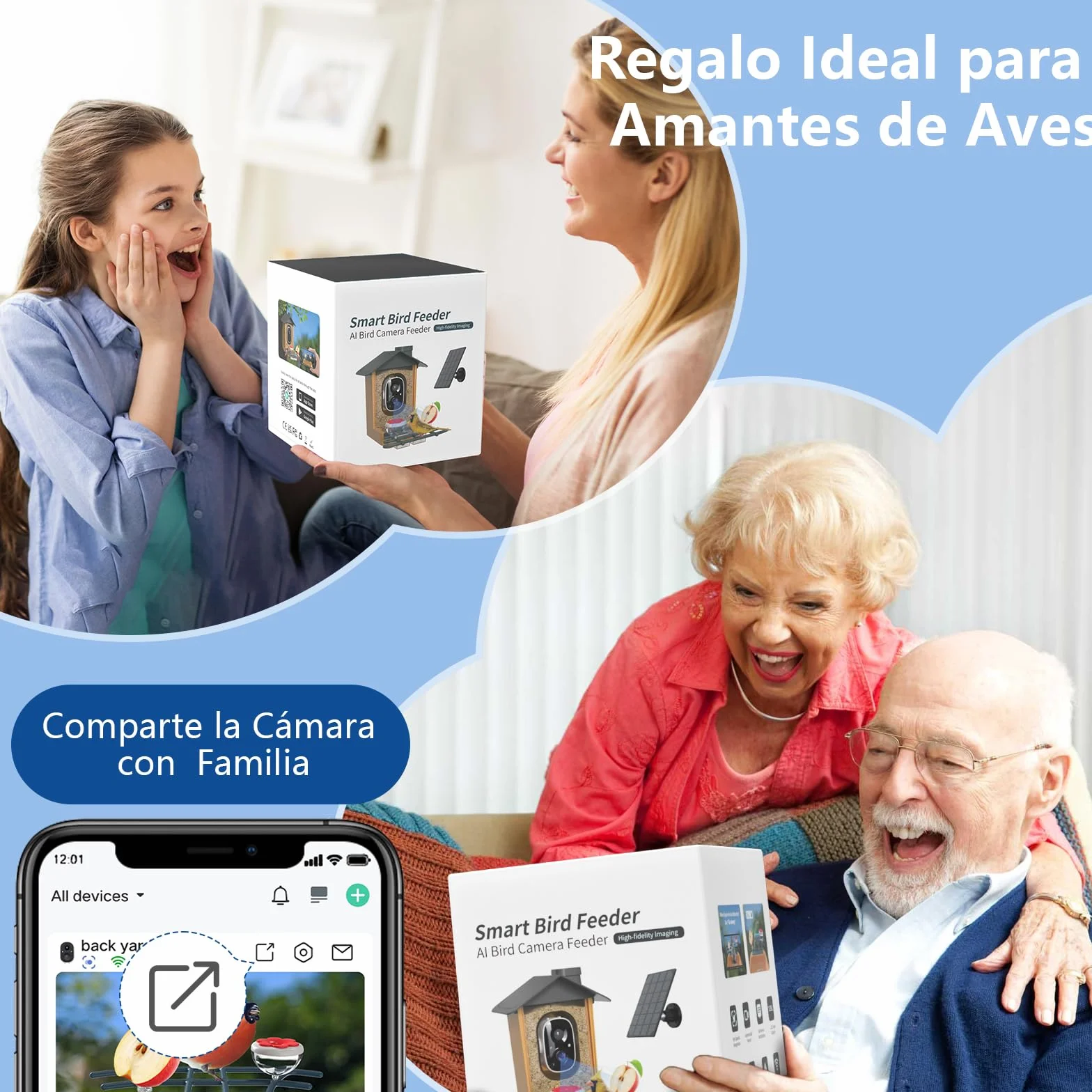 Comedero Pajaros con Cámara 2K HD AI identifica 10000+ Pájaros Solar Comedero Pajaros Exterior Notificación Instantánea Impermeable IP65 Almacenamiento en Nube Captura Automática Imagen/Videos
