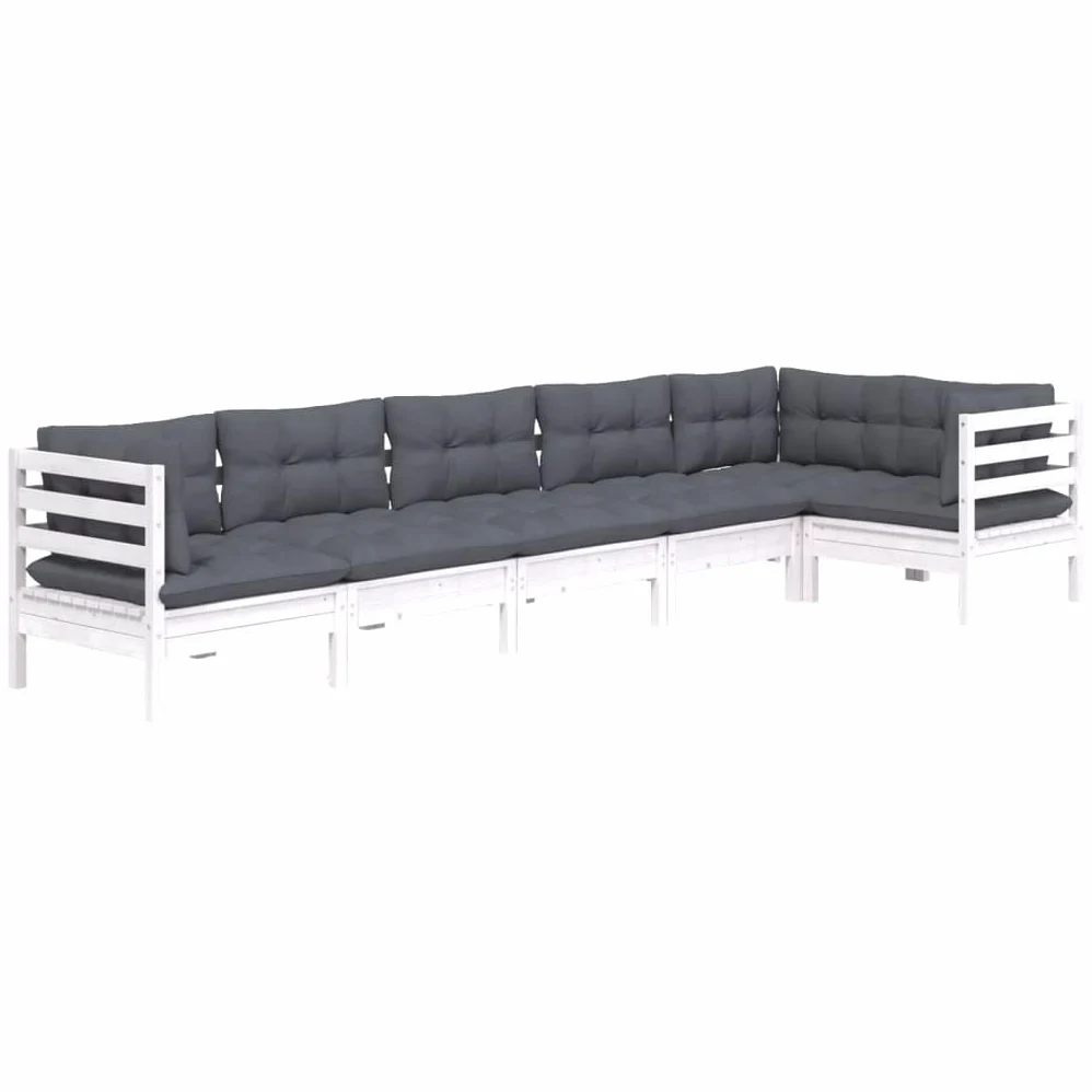 Juego de 6 muebles de jardín de madera de pino blanco, muebles de exterior con cojines de antracita, sofá modular para terraza, ideal para relajarse en el jardín, balcón, patio, máx. 110 kg