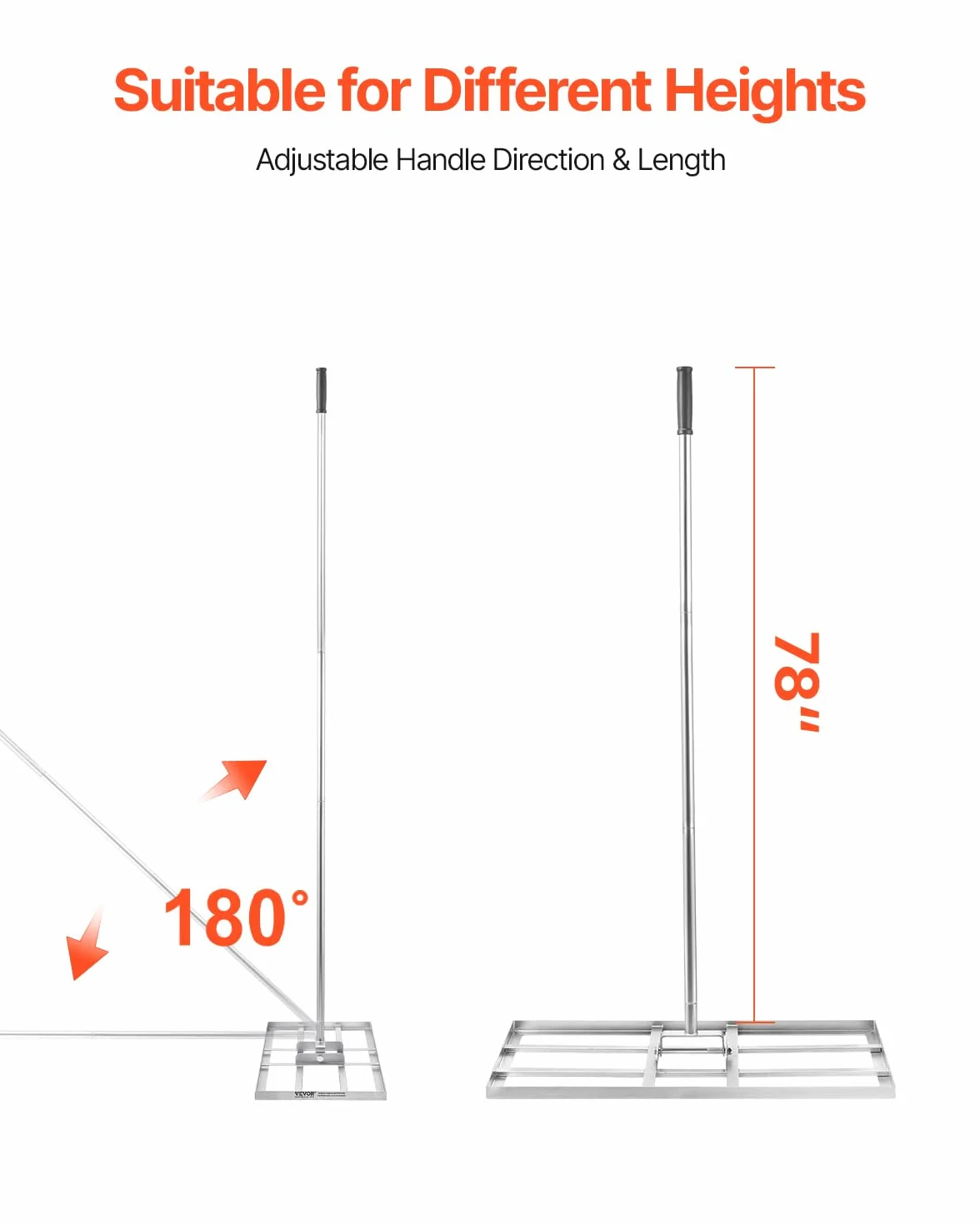 VEVOR Rastrillo Nivelador de Césped con Mango, Placa de Suelo de 355 x 762 mm, Nivelador de Suelo de Acero al Carbono Resistente a la Oxidación, 2 Alturas Ajustables, para Cancha de Golf, Patio