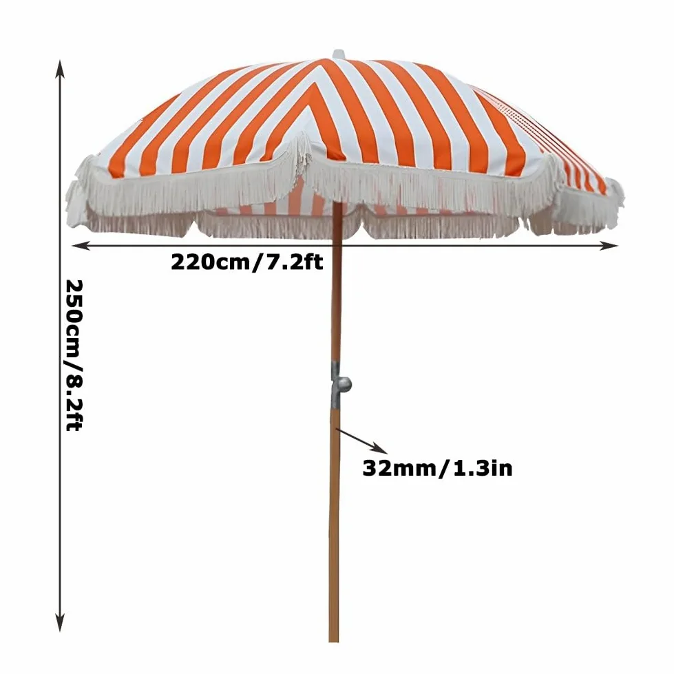 Genérico 220 cm Sombrilla de Exterior a Rayas Naranjas con Borla, Parasol de Playa UPF50+, Sombrilla de Jardín Plegable con Poste de Hierro