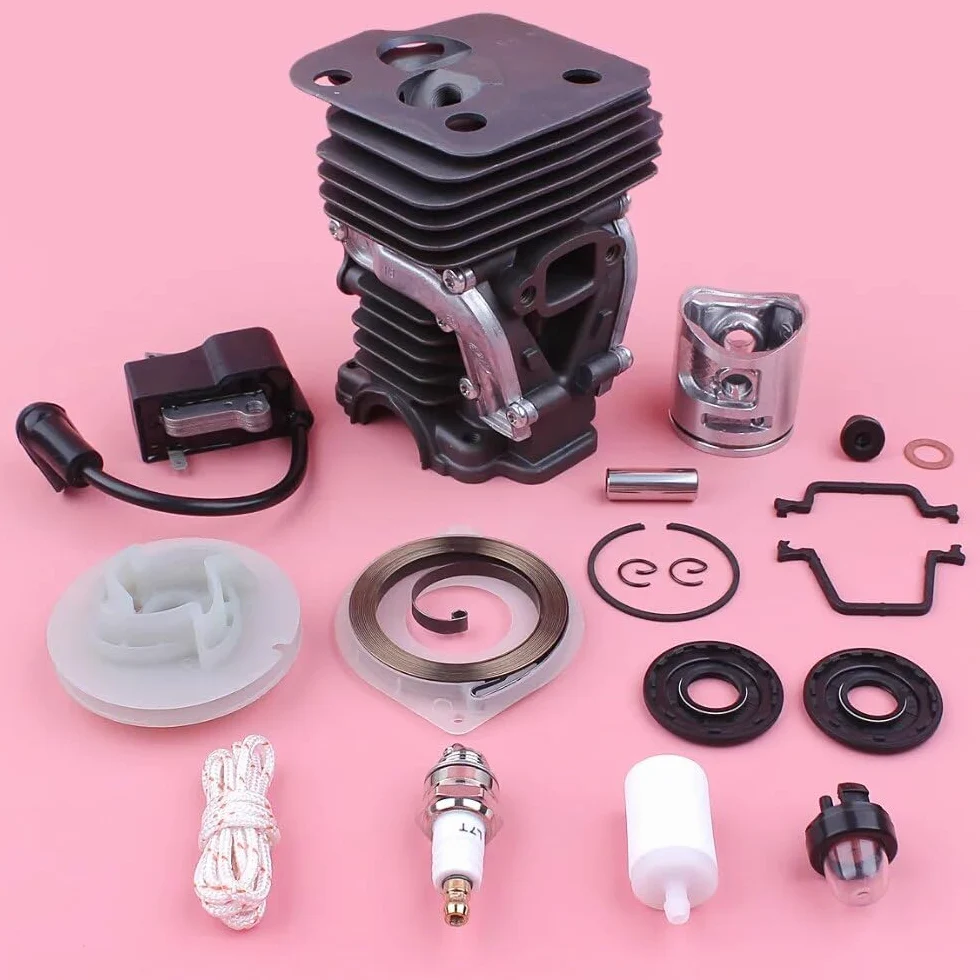 Kit de pistón de bobina de encendido de cilindro, for pieza de motosierra Husqvarna 445 445E, polea de arranque de retroceso, sello de aceite de resorte, bombilla de cebado de 42mm Kits de pist