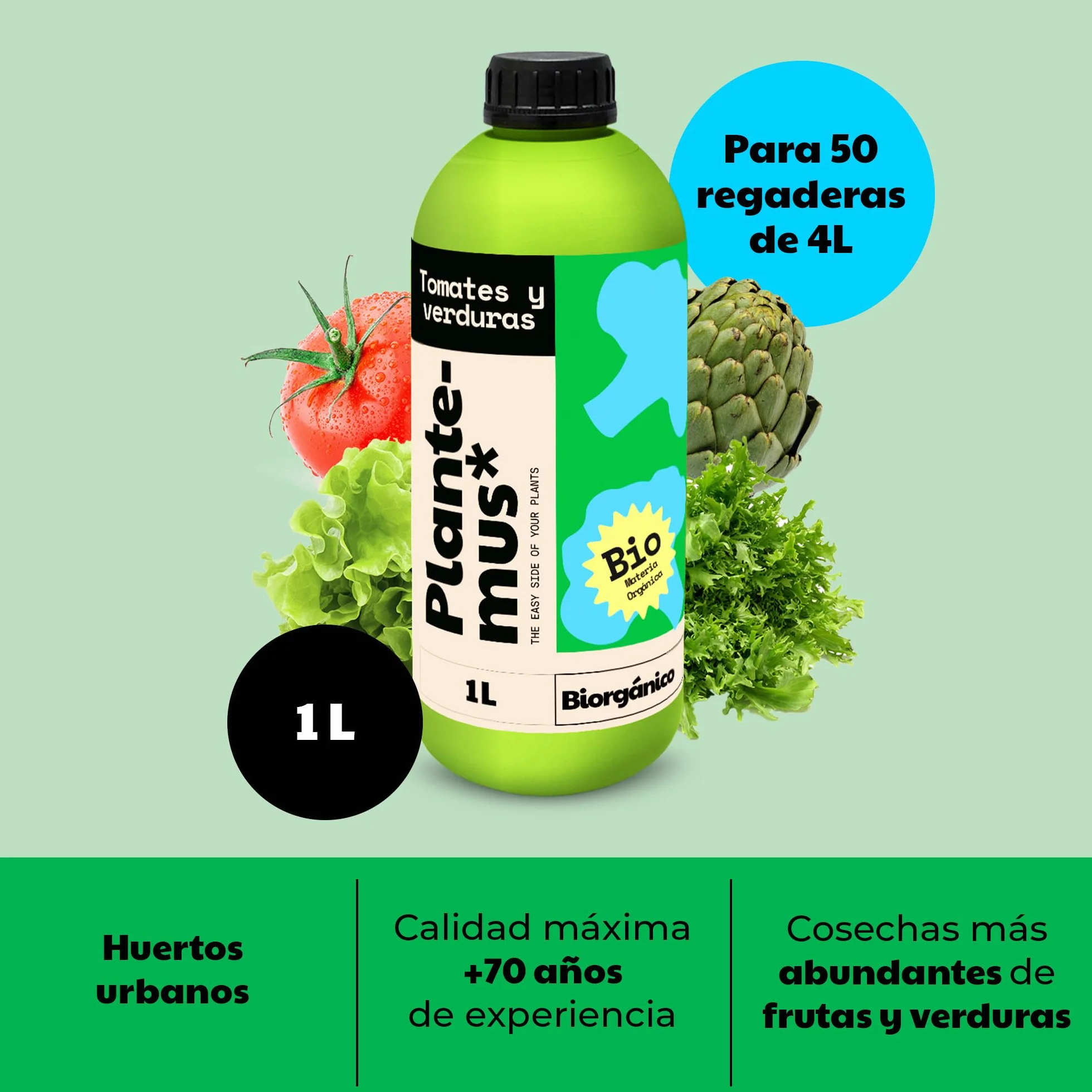 PLANTEMUS Abono Huerto para Tomates, Pimientos, Fresas, Hortalizas, Verduras. Fertilizante Granulado Azul para Cosechas Abundantes (Huerto BiOrganic 1L)