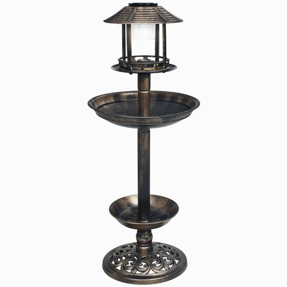 Baño decorativo para pájaros con luces LED solares de plástico resistente a la intemperie, 39 x 96 cm, color bronce, bebedero para pájaros y comedero para exteriores, terraza, balcón y jardín