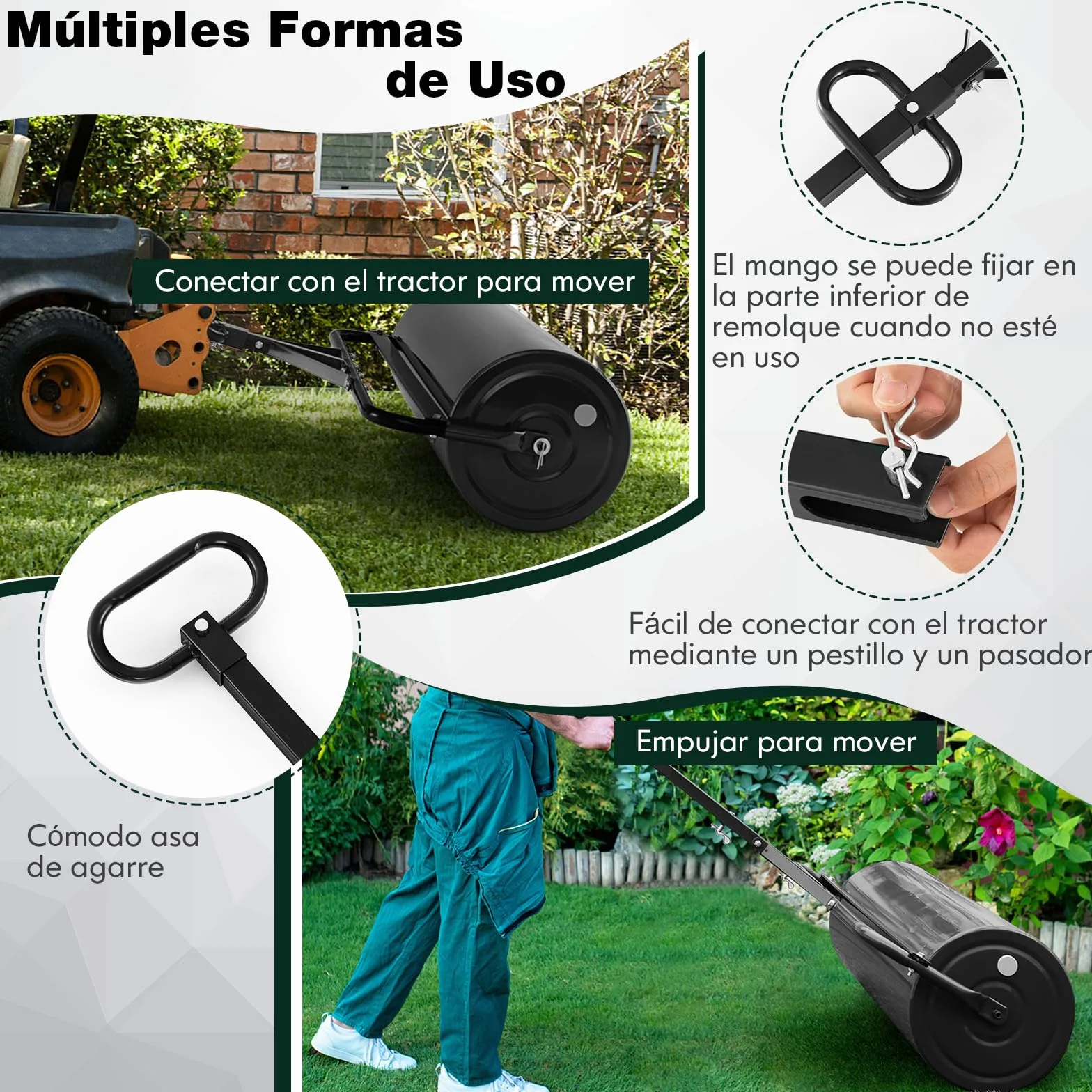 COSTWAY 113L Rodillo de Césped Metálico, Rodillo de Césped para Empujar o Tirar Llenado de Agua o Arena con Mango Desmontable para Jardín, Patio, Parque, Granja (Negro, 146x99x40cm)