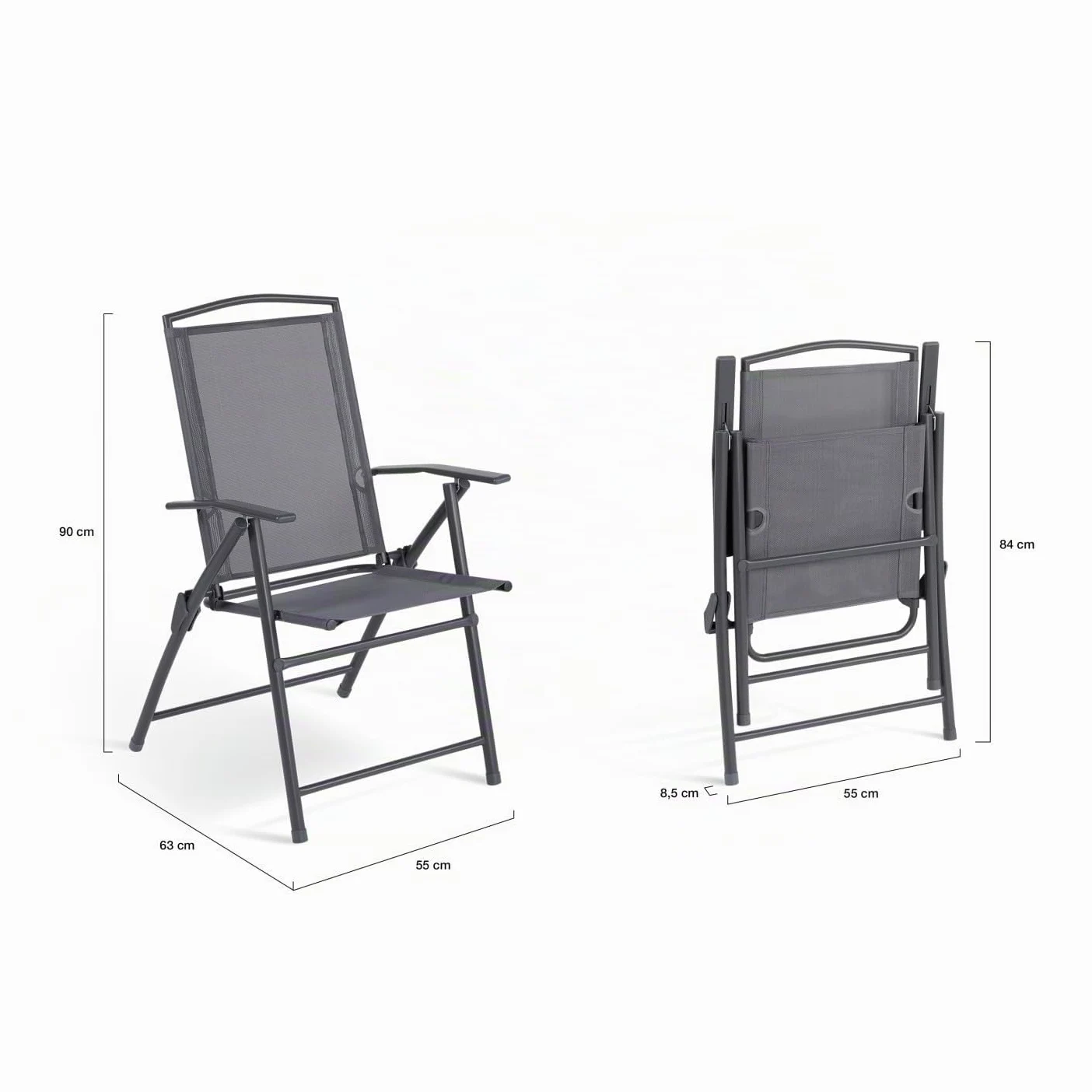 IDMarket - Pack de 4 sillas plegables de jardín con reposabrazos ALGHERO, metal y textileno, gris antracita