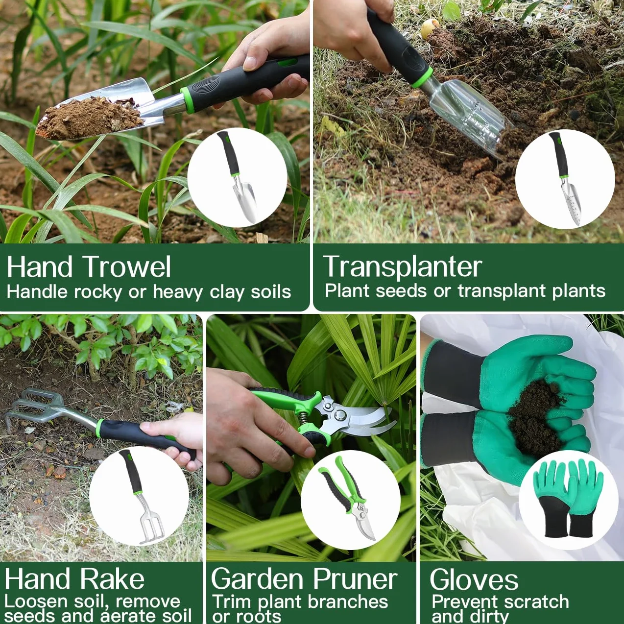 Housolution Juego de Herramientas de Jardín, 8 PCS, Kit de Herramientas de Mano de Jardinería, Suministros de Jardinería de Aleación de Aluminio Resistente con Mango, Bolsa de Almacenamiento, Verde