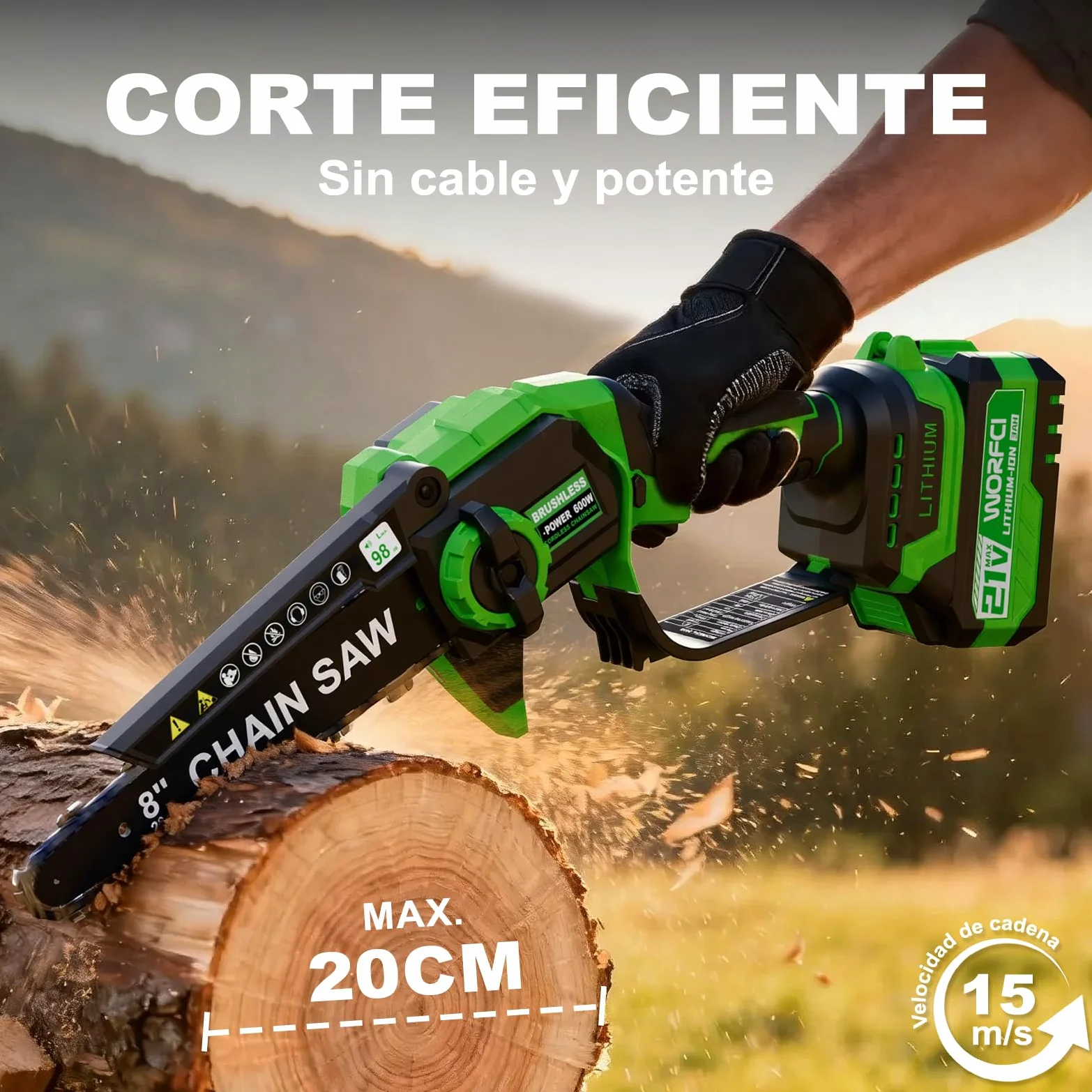 8 Pulgadas Mini Motosierra, 2 Baterías y Cargador Incluidos, Motosierra Bateria Inalámbrica sin Escobillas, Sierra Eléctrica para Podar con Lubricación Automática, Podar y Cortar Madera