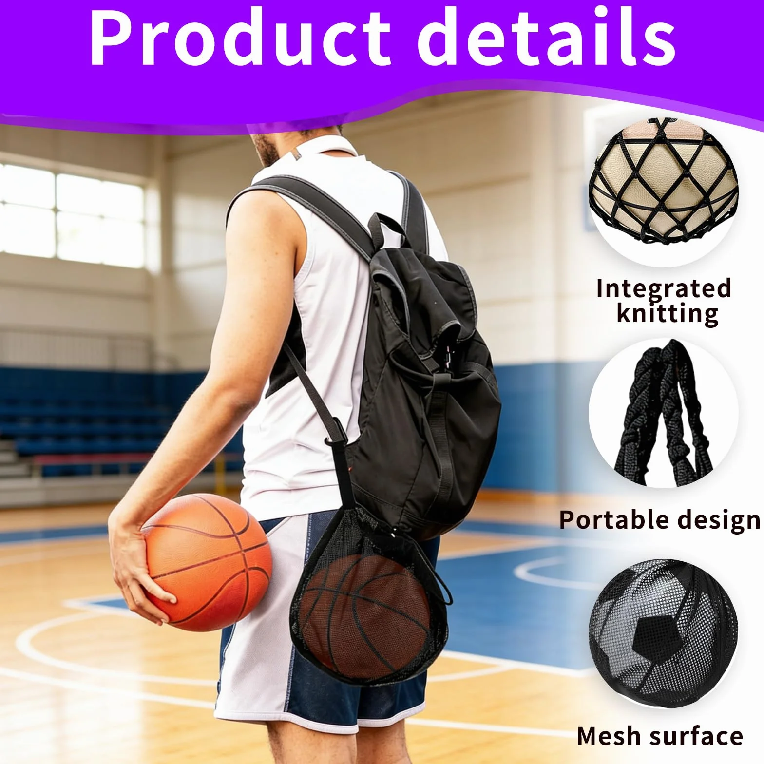 Bolsas de Red para Balones con Cordón y Gancho, Mochilas Portátiles para Baloncesto, Fútbol, Voleibol y Rugby, con Aguja de Inflado