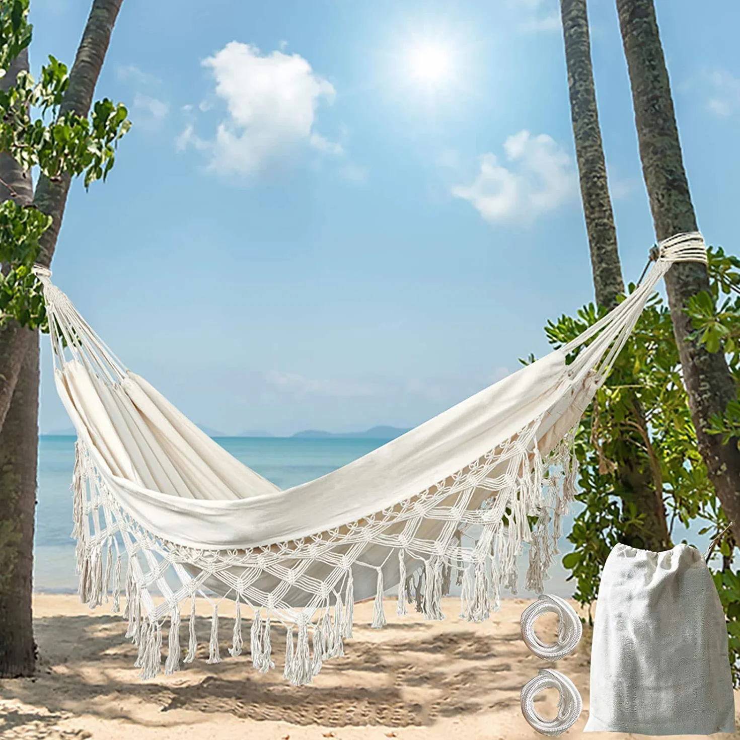 Hamac de Jardin Hamaca Colgante Doble de Algodón con Flecos para Colgar en la Playa o en el Patio Exterior Hamaca Bbrasileña (Crudo, 240cm*150cm,MAX Load 450lbs 50)