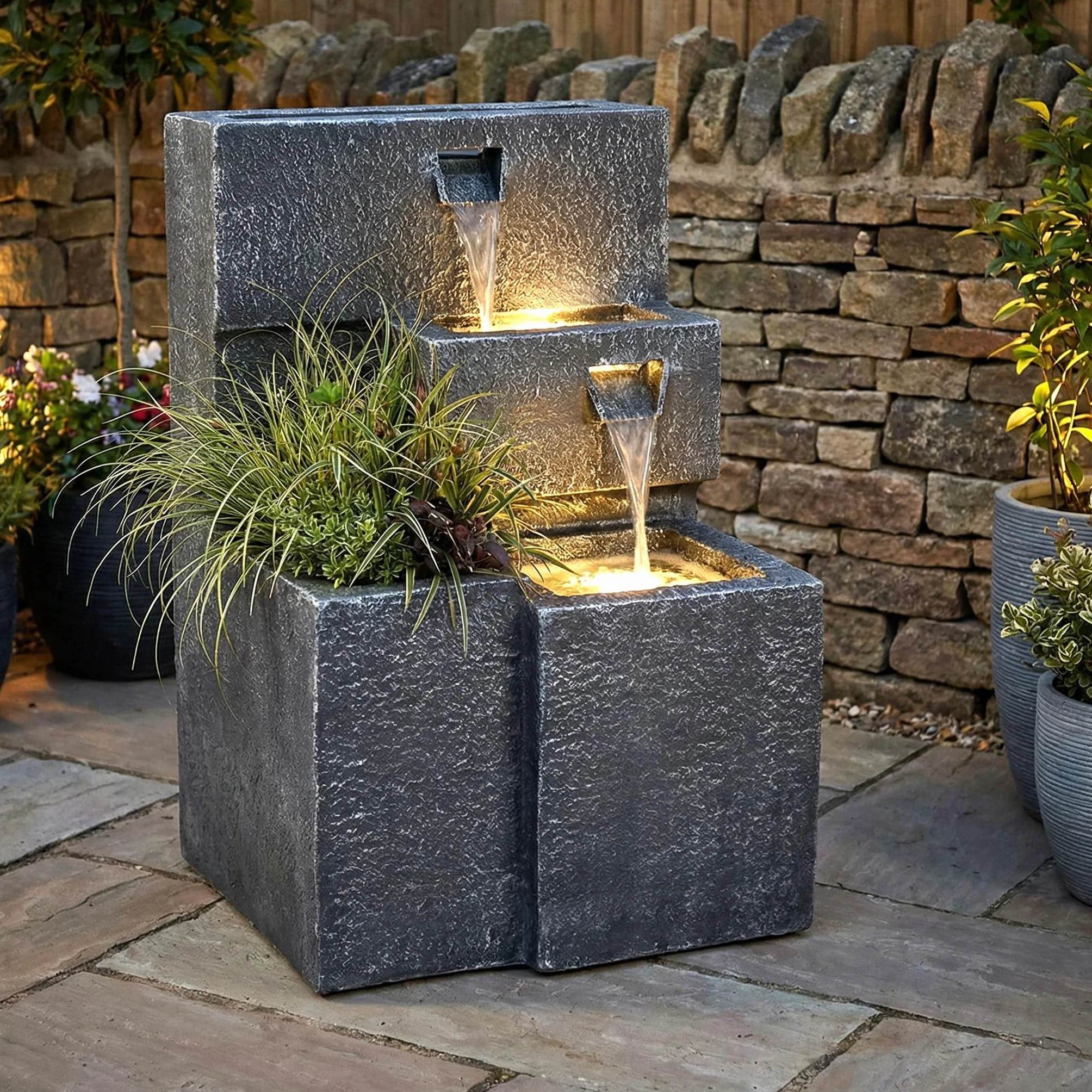 Fuente Grada para Jardín con Iluminación LED y Espacio para Plantas