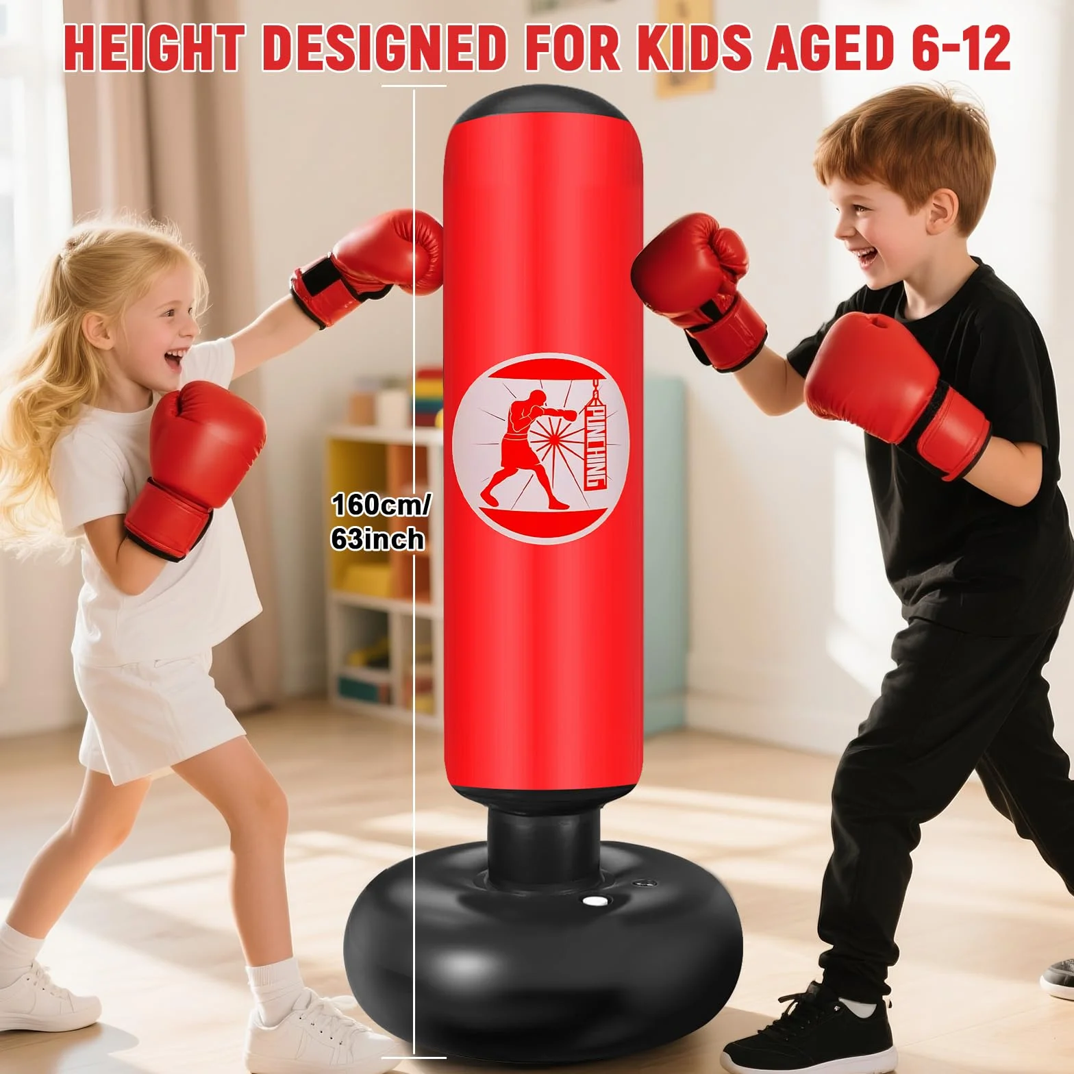 Qoosea Saco de Boxeo Niños 160cm con Bomba de Aire y Guantes, Bolsa de Boxeo Inflable Estable para Karate Kickboxing MMA