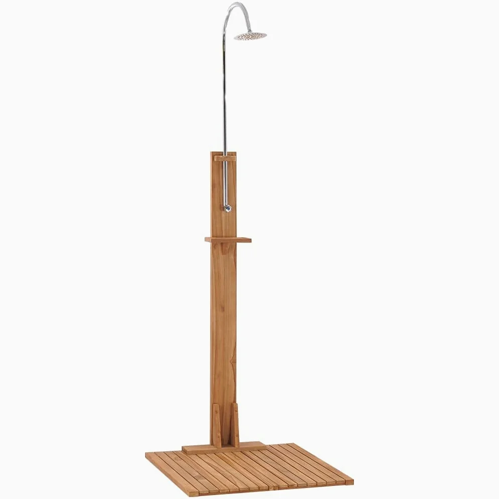 Ducha de jardín de madera maciza de teca 75 x 75 x 210 cm con tubo de acero inoxidable y estante, ducha de jardín exterior para jardín y piscina, suelo de madera antideslizante, fácil de usar