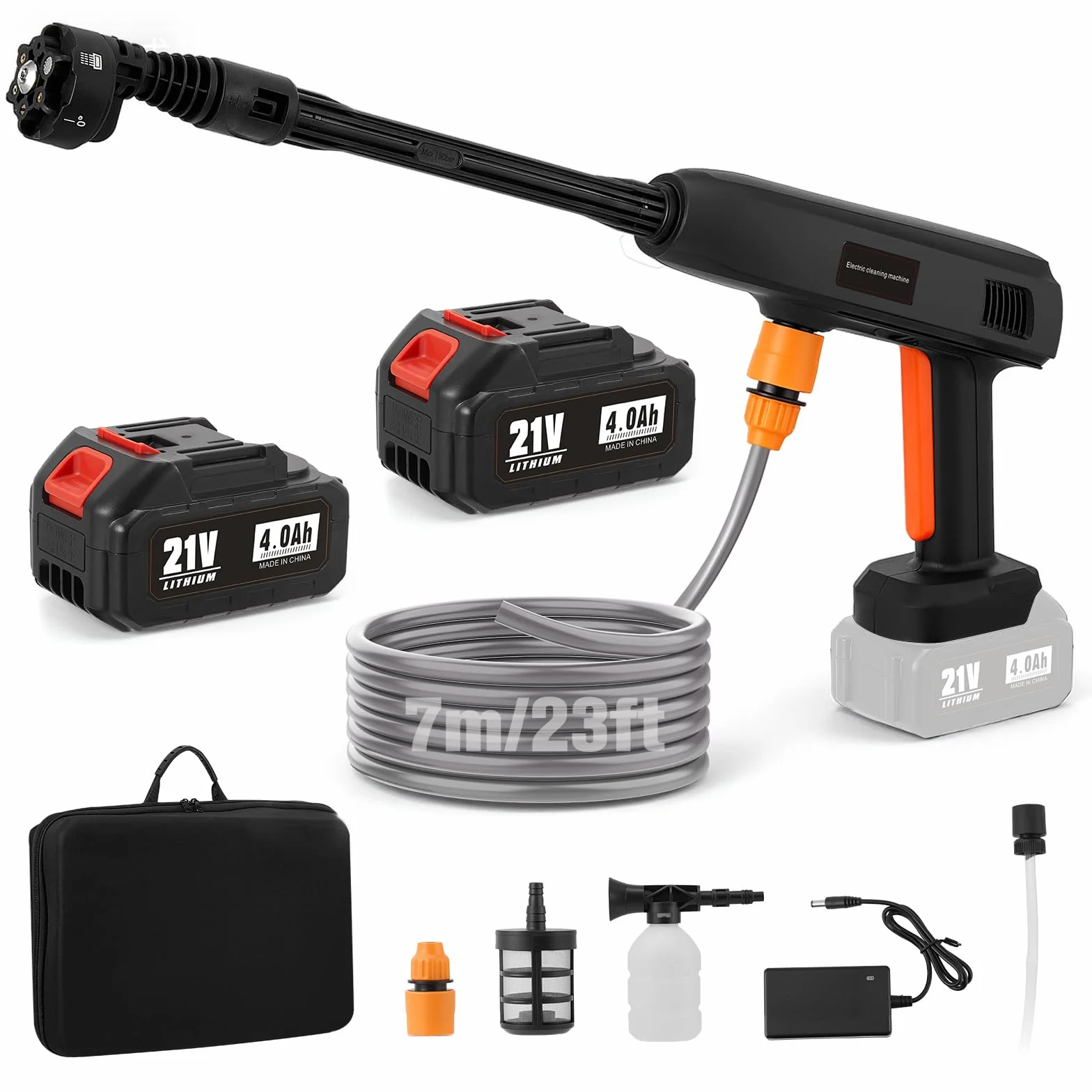 Limpiador de alta presión con batería, 1000 PSI (69 bar), 336 l/h, pistola portátil con 2 baterías de 4000 mAh, boquilla giratoria multifuncional 6 en 1, manguera de 7 m para coche, suelo, terraza