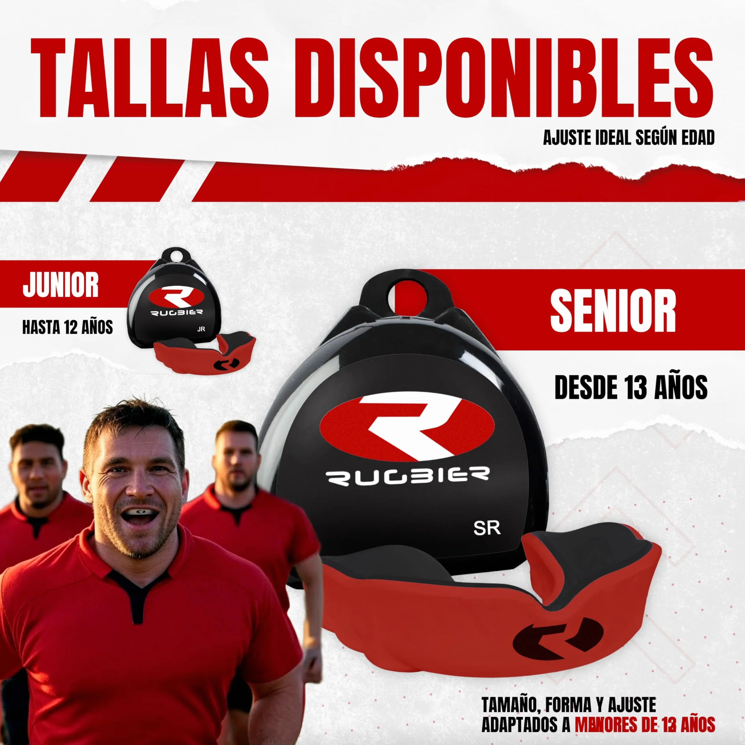 Protector Bucal Rugby Dual Gel Termo Moldeable Talla Adultos Niños Protección Dental Avanzada Rojo Negro Senior