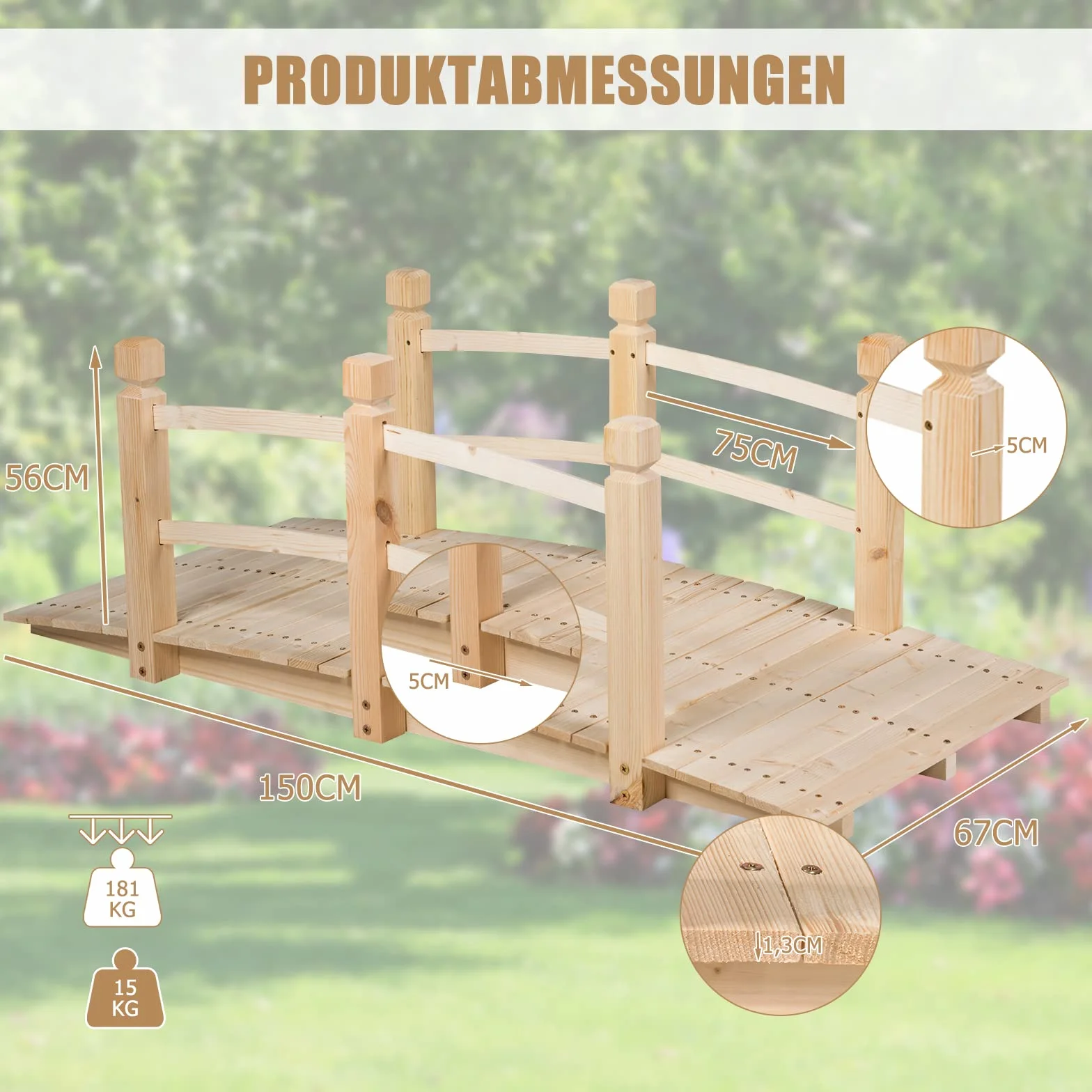 RELAX4LIFE Puente de Madera con Barandilla, Puente CE Jardín, Madera CE Abeto, Puente para Estanque, Carga 100 kg, Puente Decorativo Estable y Duradero, 150 x 67 x 55 cm (Natural)