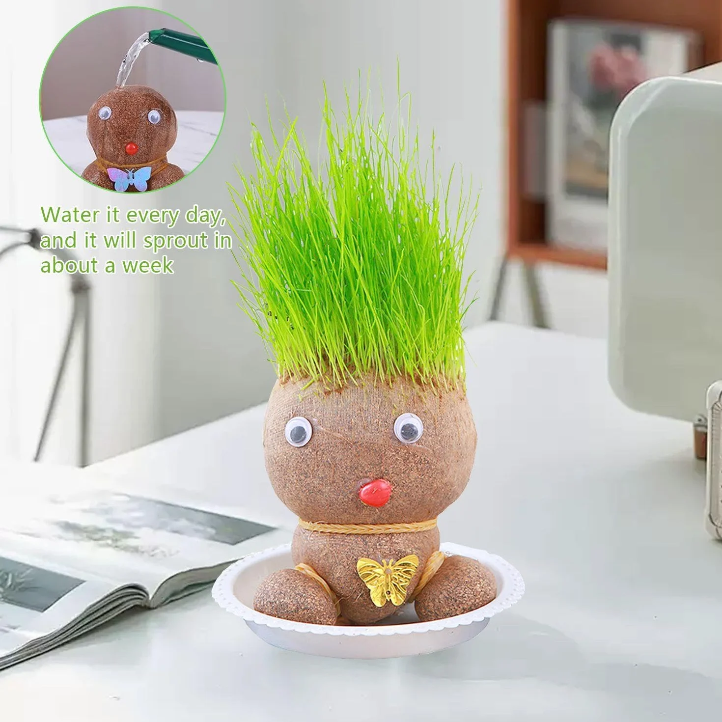 2 muñecos de crecimiento de plantas, 2 bandejas, muñecas de cabeza de hierba con cabeza de flores, mini muñecos de cabeza de hierba bonsai, decoraciones creativas de escritorio de oficina