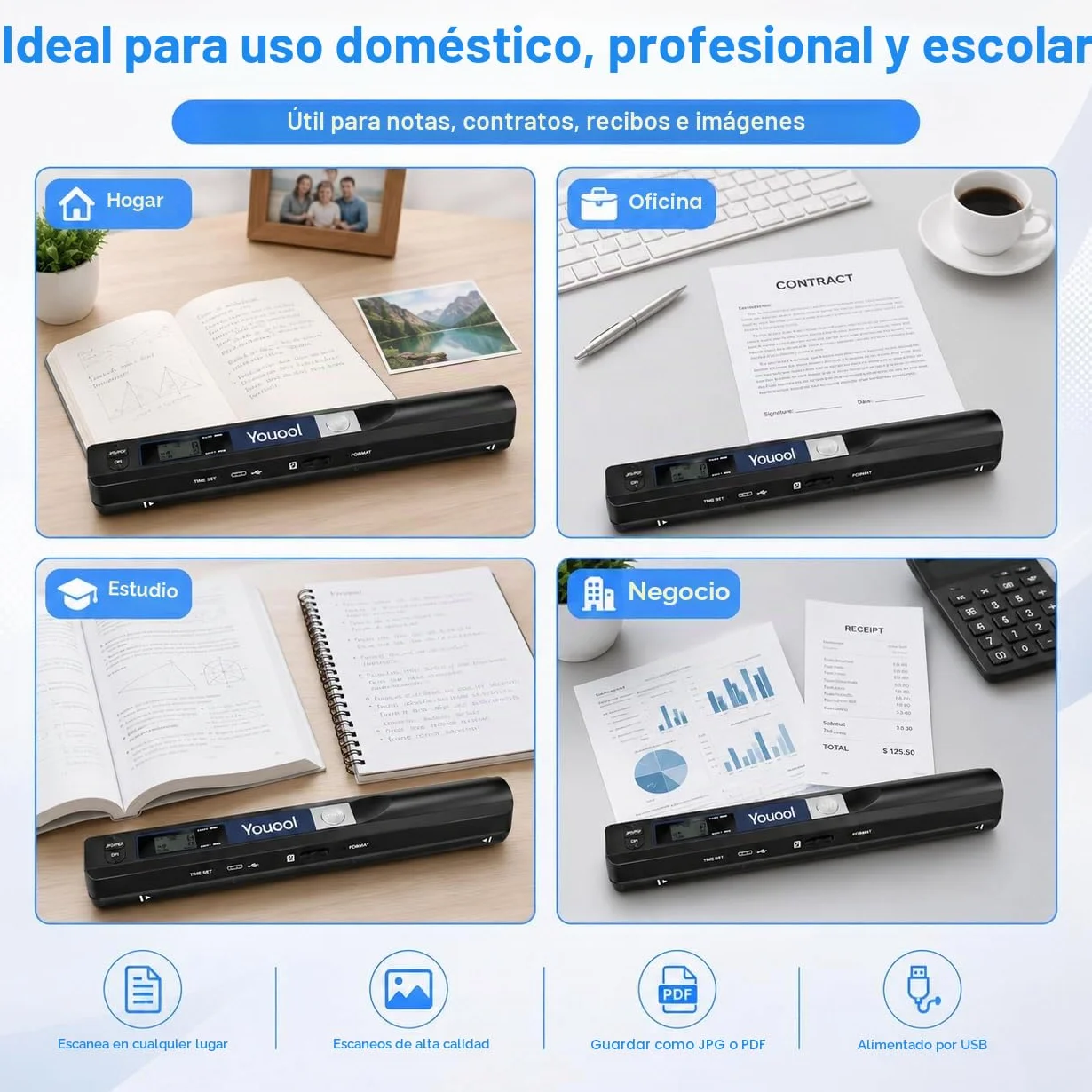 Mini escáner portátil de mano USB digitalización color 900 PPP A4 documentos JPG/PDF con tarjeta 16GB