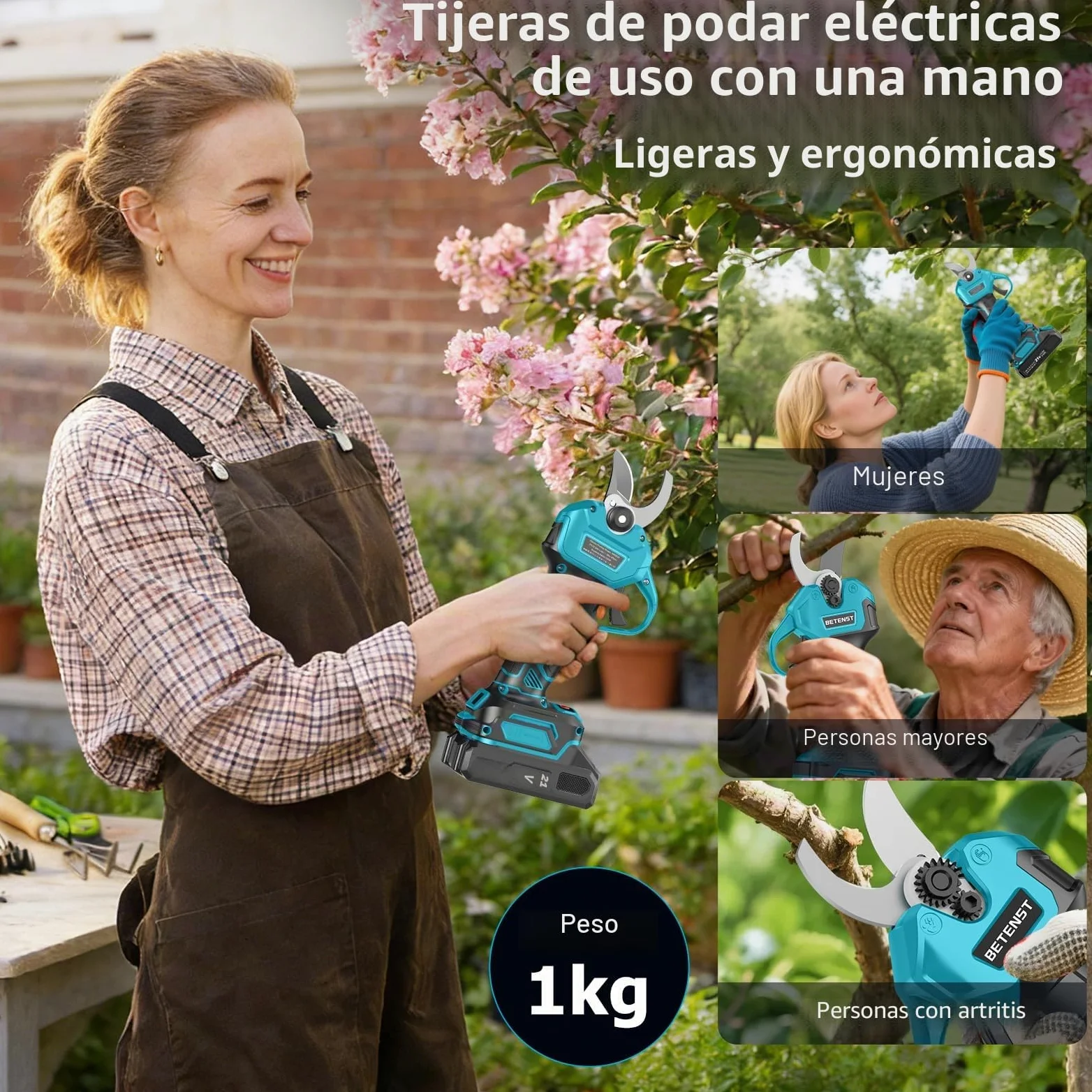BETENST Tijeras de Podar Eléctricas Sin Escobillas 21V 2 Batería 2.0Ah Hoja SK5 Pantalla LCD