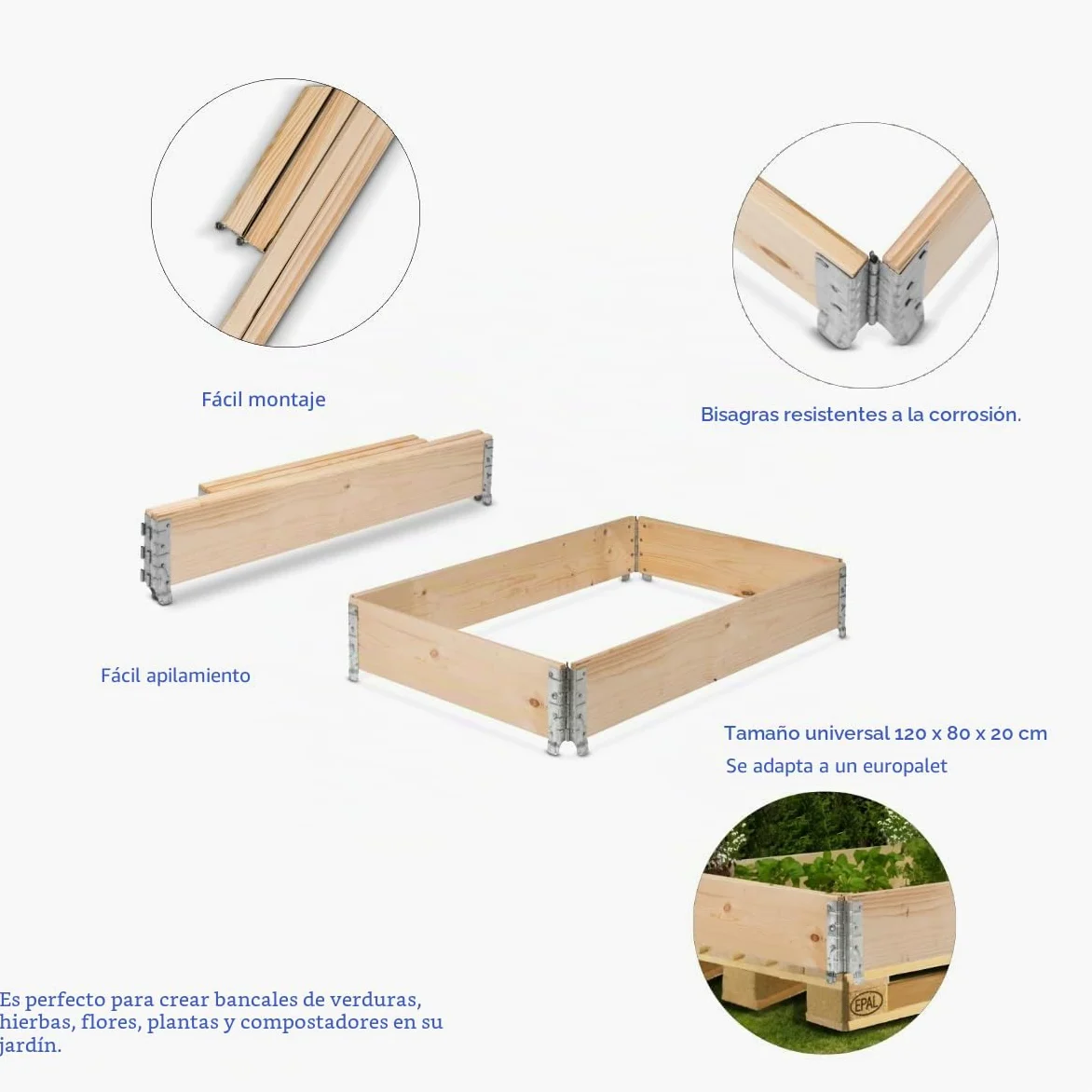 Bancal alto Gardivo 120 x 80 x 20 cm – 3 piezas de madera – Marco de palé de madera, cercado de jardín, apilable, enchufable