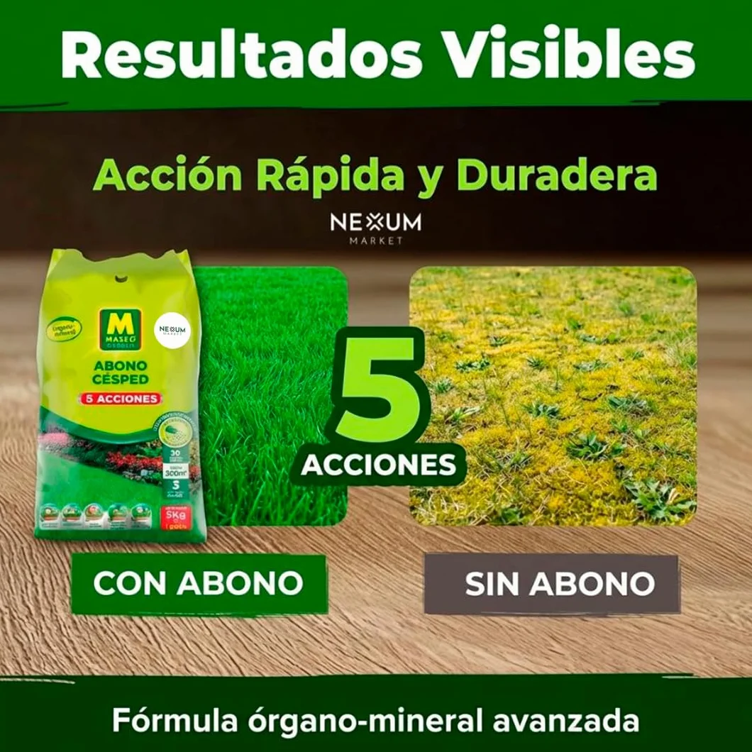 Abono Césped Granulado con 5 Acciones | Aplicación Directa a Mano de Liberación Lenta | Revitaliza y Mantiene Césped | Anti-Musgo, Reverdecedor y Fertilizante | Nexum Market (6 KG)