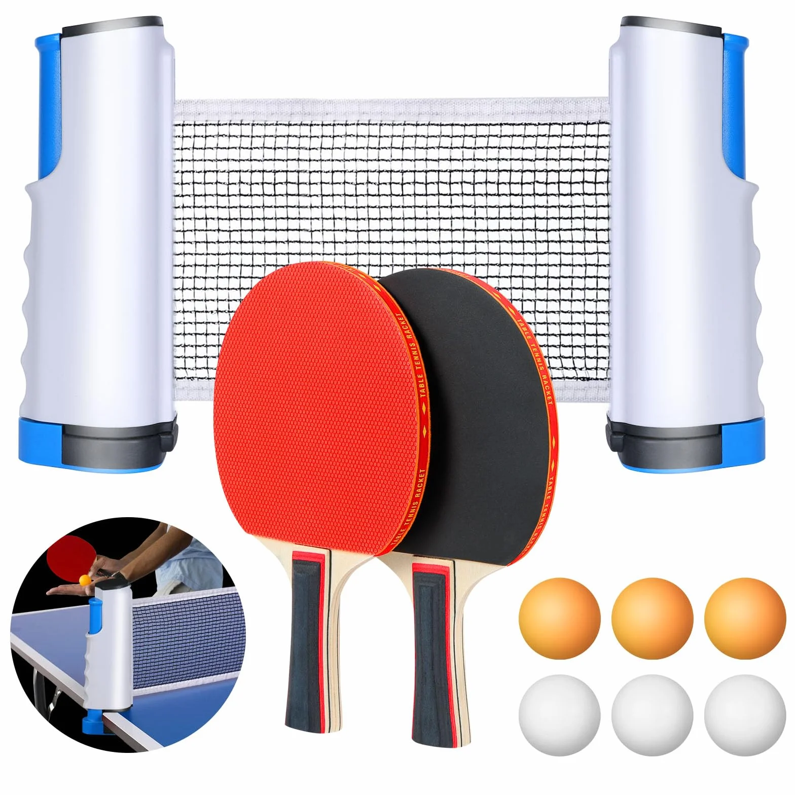 Flintronic Sets de Ping Pong, 2 Raquetas de Tenis de Mesa, 6 Bolas, Red Retráctil, Bolsa de Almacenamiento