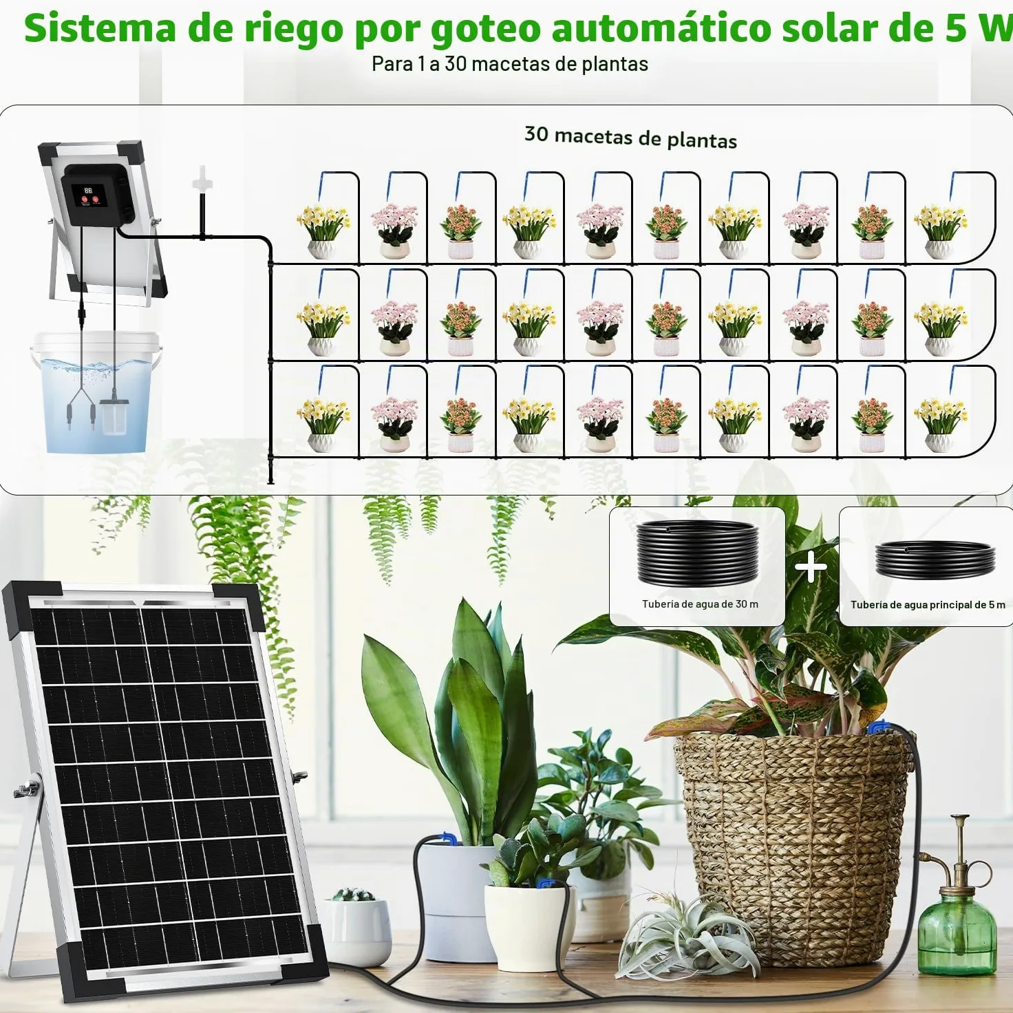 Onherm Kit Sistema de Riego por Goteo Automático Solar para Maceta, Manguera de 30 Metros para 1-30 Plantas en Macetas, 300 Modos de Temporizador, pare Jardín, Balcón y Huerta