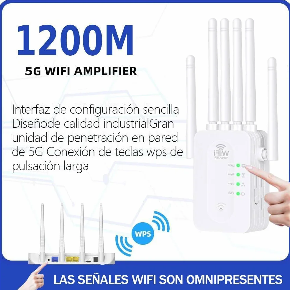Repetidor WiFi 1200Mbps Doble Banda 5GHz 2.4GHz Amplificador Señal WPS 6 Antenas Externas