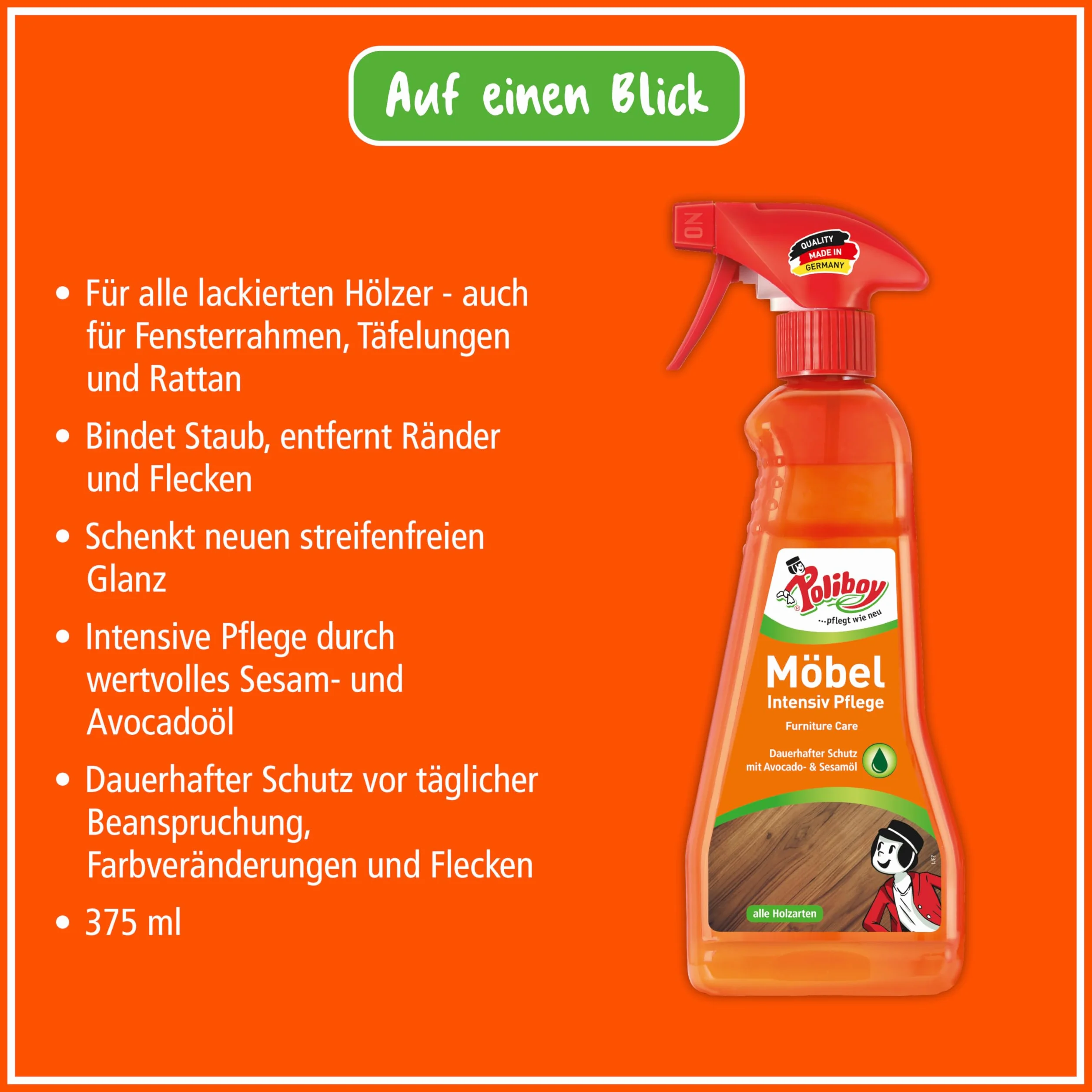POLIBOY Cuidado intensivo de muebles – Cuidado para madera lacada – Cuidado protector y refrescante de la madera – Color neutro – 2 x 375 ml Spray matic con paño de algodón – Fabricado en Alemania