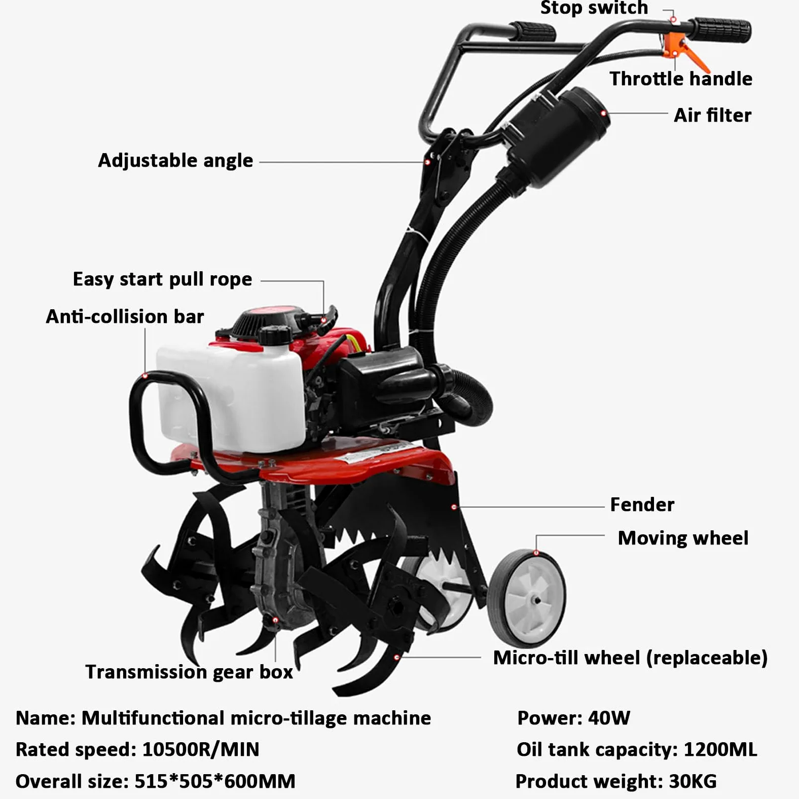 Motocultor de jardín de 4 tiempos, motoazada de gasolina, cultivador de césped con 4 cuchillas de acero y 2 ruedas, mango de altura ajustable, motocultor de mano doméstico