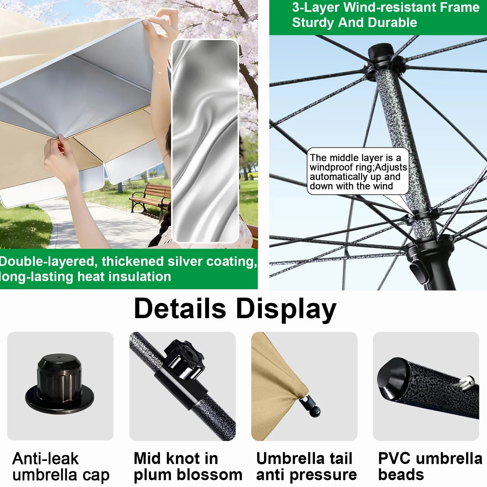 Sombrilla De Jardín Playa Con Forro Anti UV Toldo Redonda(Green,280cm) | Parasol Patios Grande con 8 Costillas, Altura Regulable, Sombrilla Mercado Para Pesca Picnic Terrazas