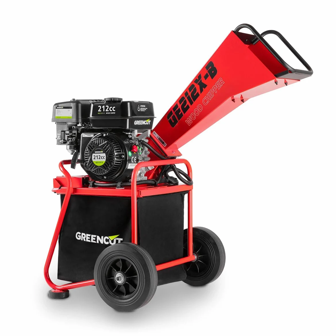 GREENCUT GE212X-B - Biotrituradora de Gasolina 212cc 7cv , Tritura Ramas Hasta 50mm, Incluye Saco de 64L, con Ruedas y Asa para Transporte Roja