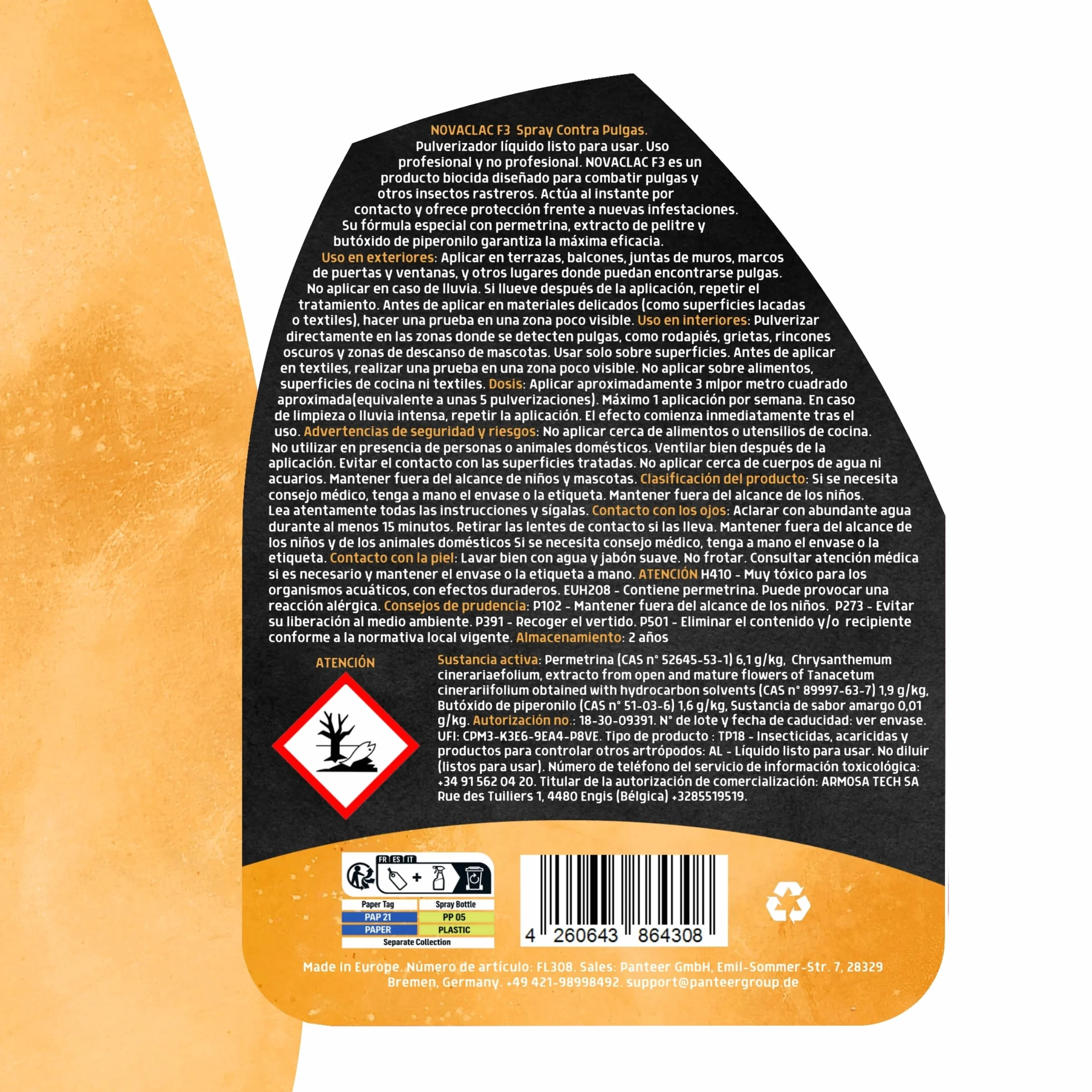 NOVACLAC F3 Mata Pulgas – Spray Insecticida 500 ml PT18 – Elimina pulgas al instante – Protección duradera – Uso interior y exterior – Calidad europea formulada para España