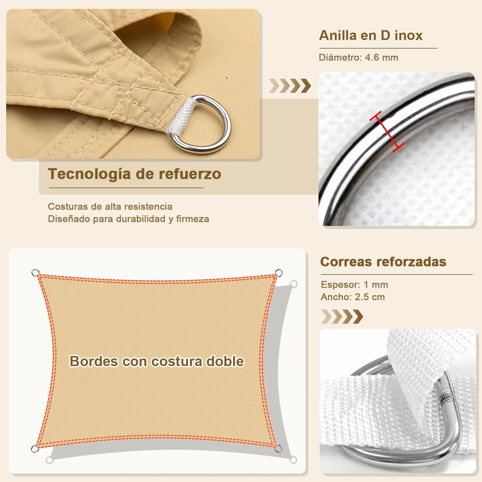 HENG FENG Toldo Vela de Sombra Rectangular 3x4m, PES 160 g/m² Impermeable, 95% Bloqueo UV, para Exterior en Terraza, Jardín, Patio - Incluye Cuerda de Fijación - Color Arena