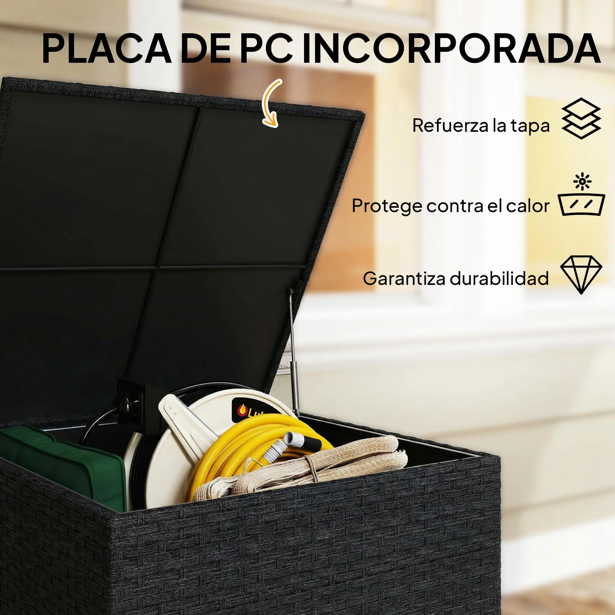 Outsunny Baúl de Almacenaje Exterior de Ratán Sintético de 253L, Arcón Exterior con Varilla Hidráulica, Forro con Cremallera y Marco de Acero, Carga 50 kg, para Jardín, Terraza, 72x72x70 cm, Negro