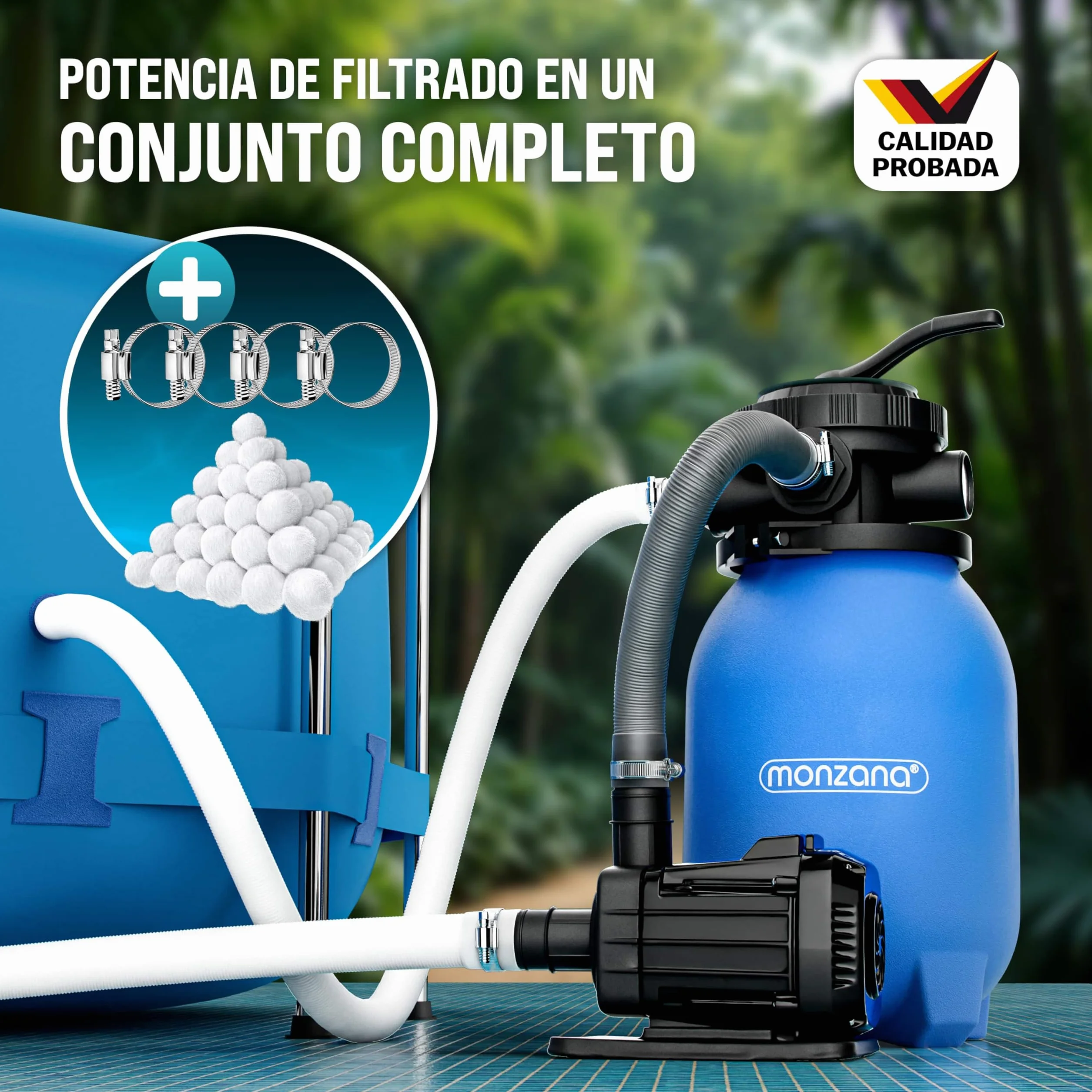 MONZANA® Depuradora Piscina 5000 L/h Filtro de Arena hasta 15.000 L con Bolas de Filtro Válvula 7 Funciones Filtrado Adaptador Ø32-38mm 180W Bomba Indicador de Presión