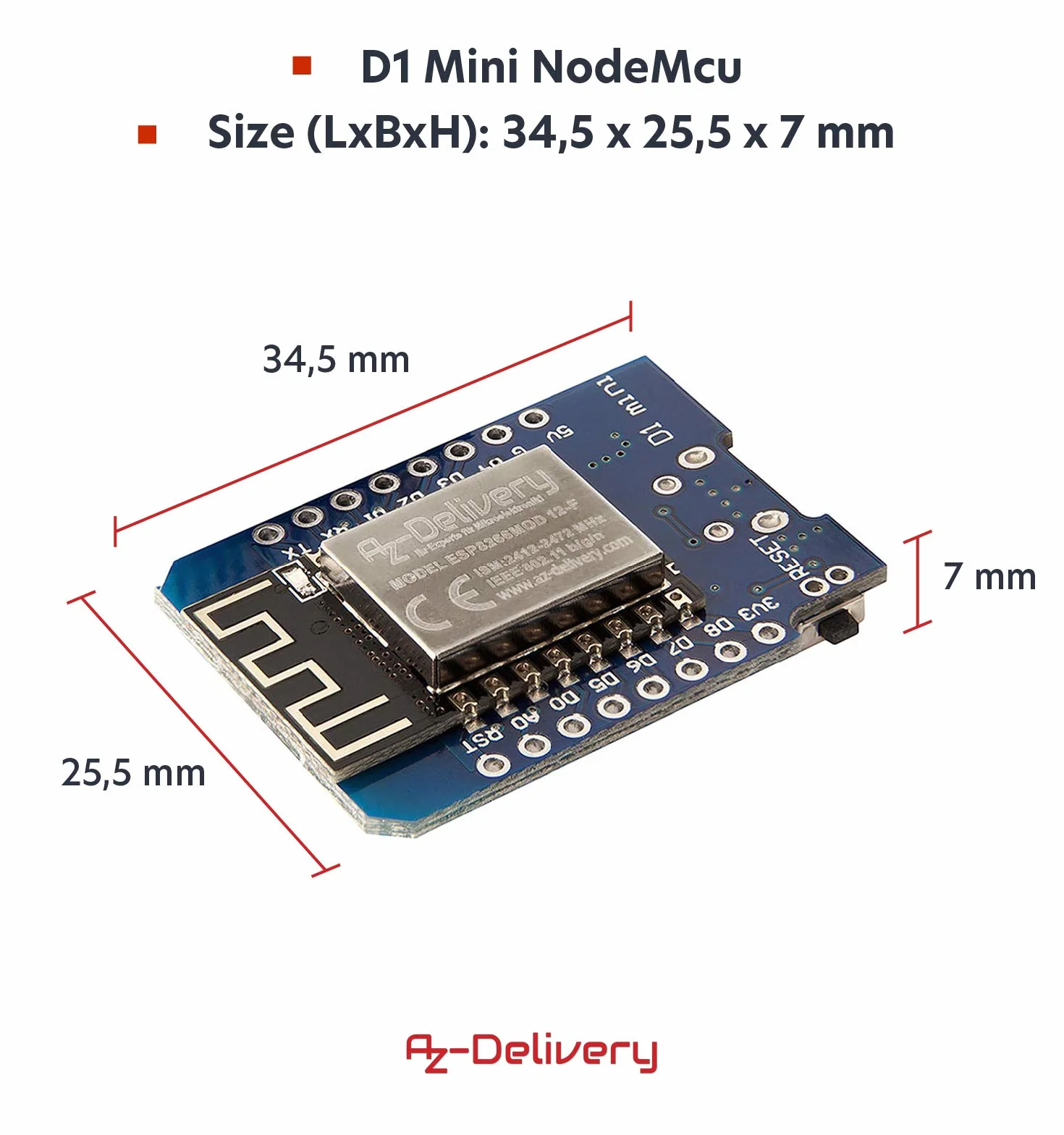 AZDelivery 3 pcs D1 Mini NodeMcu WiFi ESP8266-12F CH340G Modulo WLAN Lua Compatible Arduino