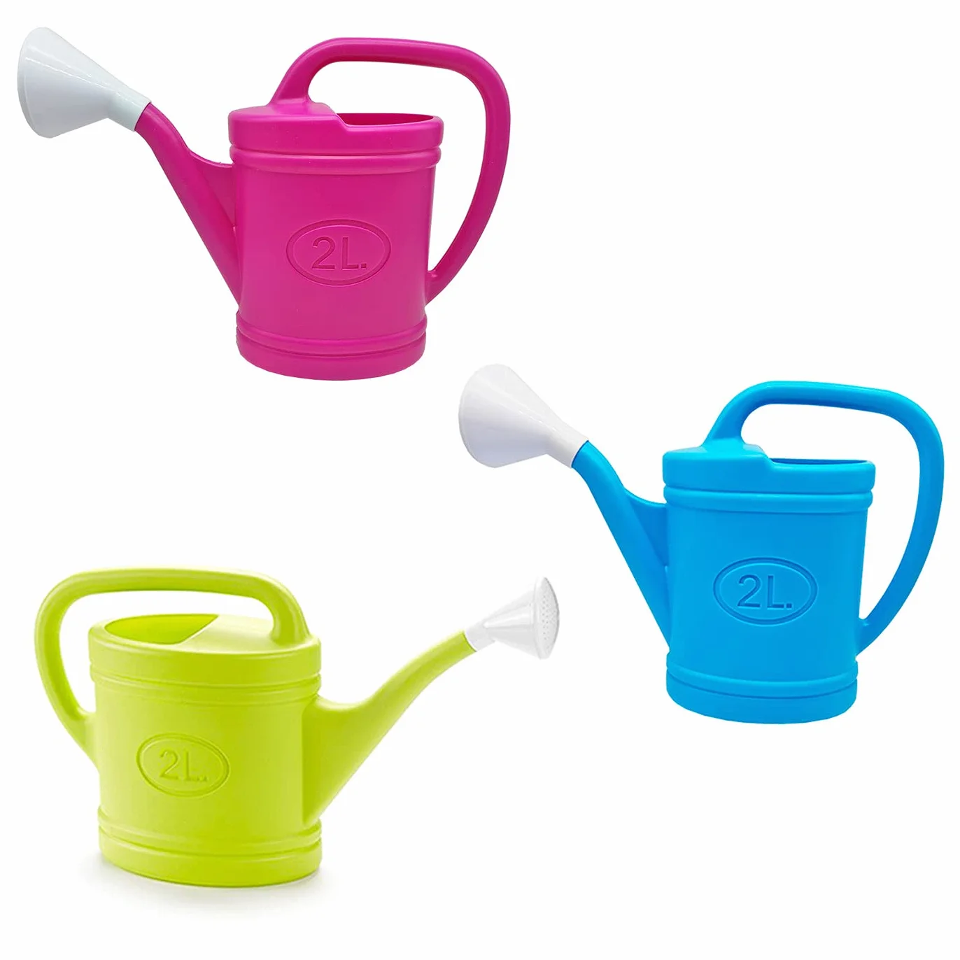 Acan - Pack de 3 regaderas de plástico de 2 litros, regar Flores, Plantas de jardín, Utensilios jardinería riego, casa, balcón, terraza, Patio (Azul, Verde y Fucsia)