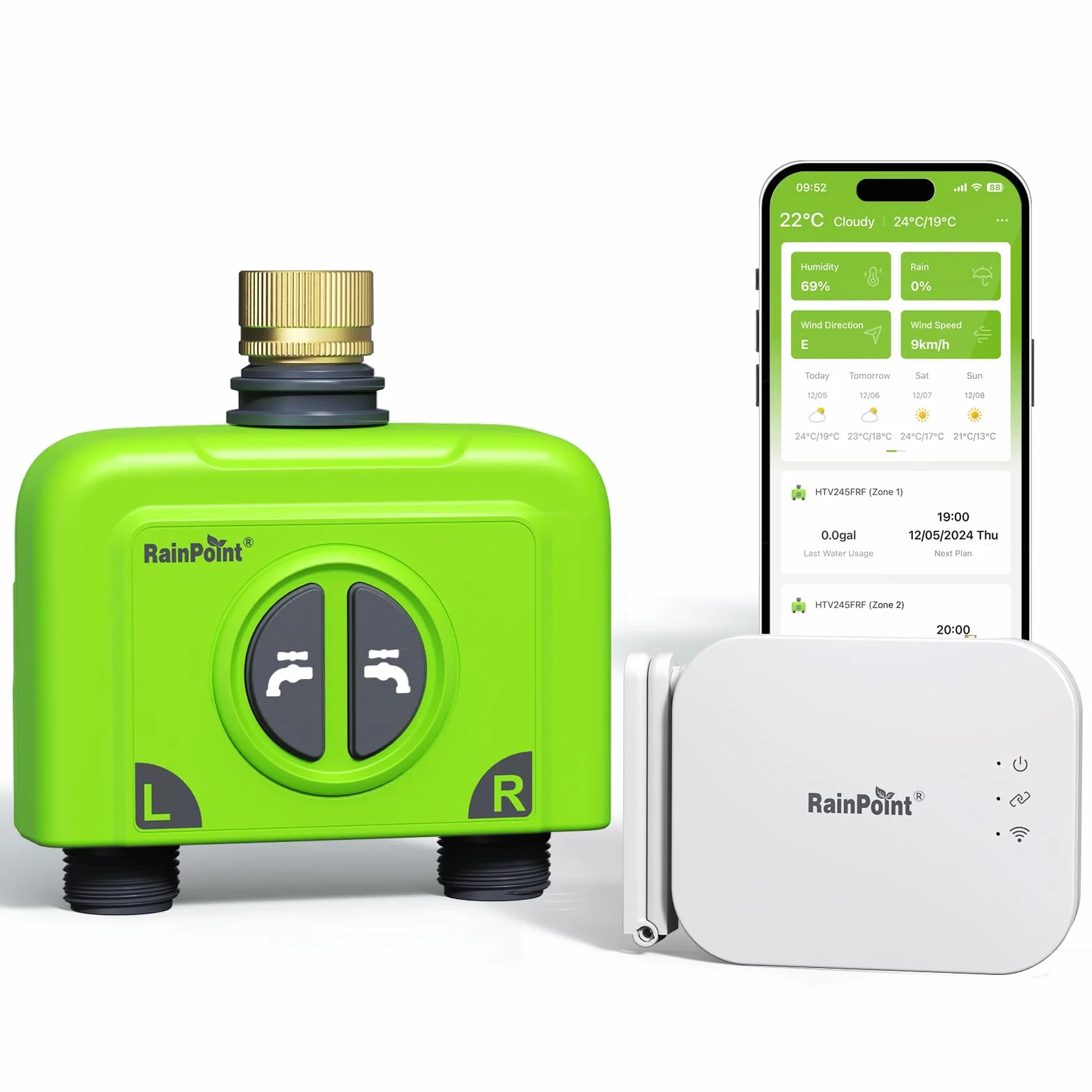 RAINPOINT Programador Riego WiFi 2 Salidas, Puerta Enlace Ethernet y Entrada de Latón, Riego Automatico para Jardín Via App/Voz Control, Riego Basado Clima, Retraso por Lluvia/Manual, 2x6 Horarios